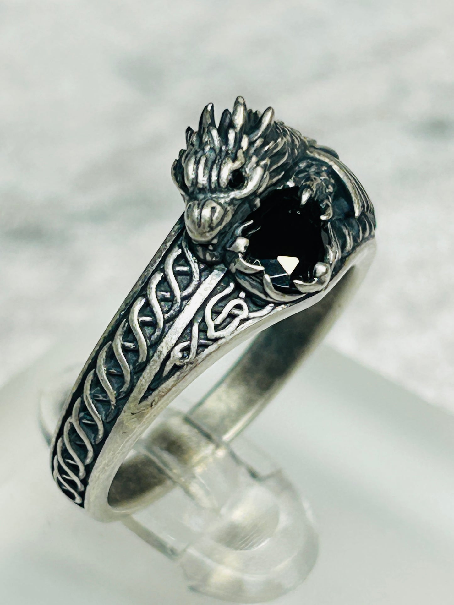 Celtic Dragon Ring with Jet Black CZ • 925 Sterling Silver with Gift Box