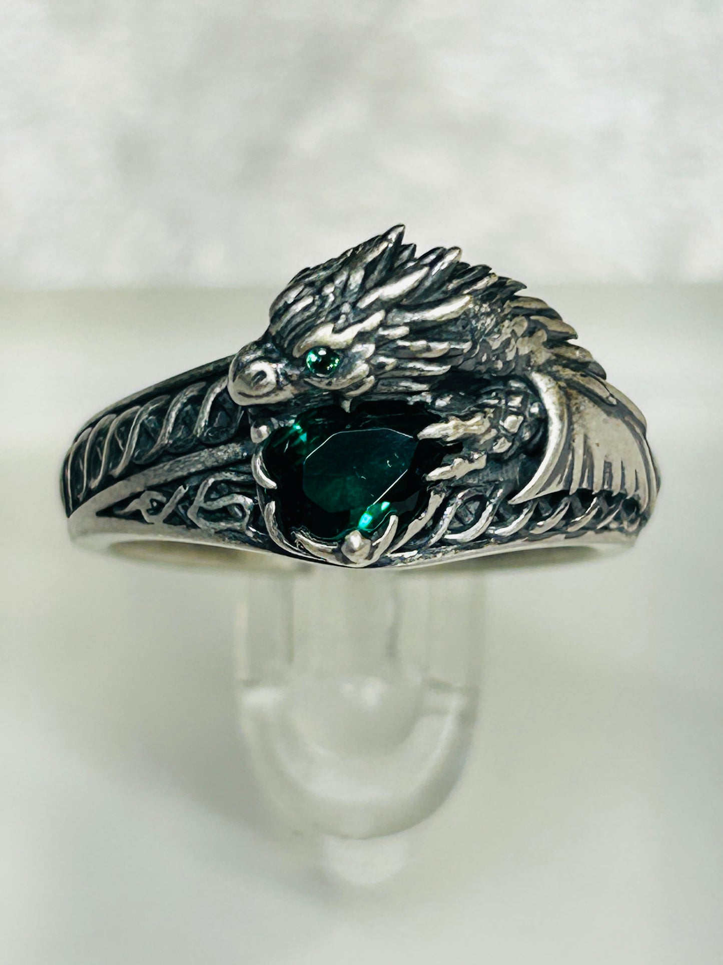 Celtic Dragon Ring with Emerald Green CZ • 925 Sterling Silver with Gift Box