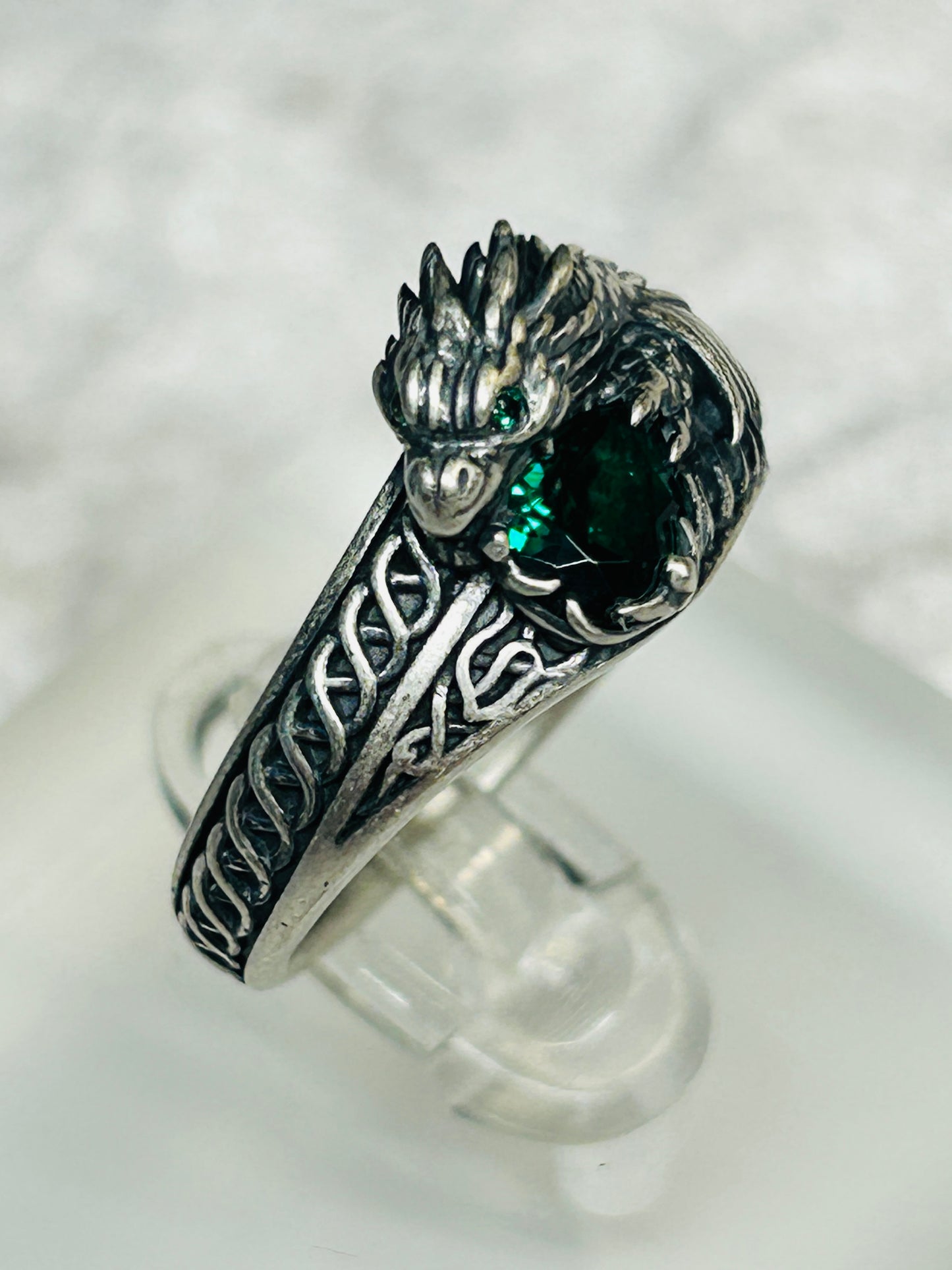 Celtic Dragon Ring with Emerald Green CZ • 925 Sterling Silver with Gift Box