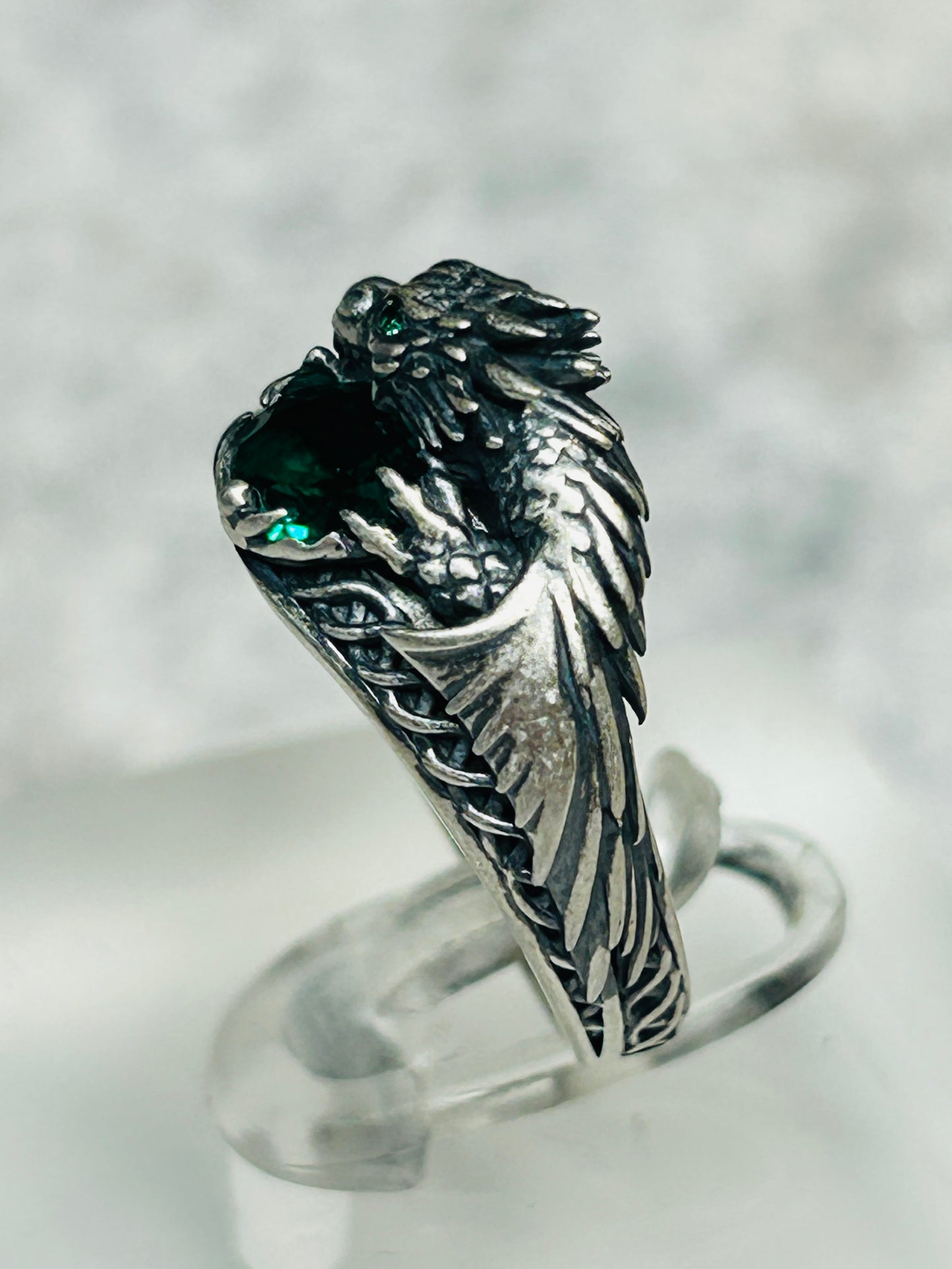 Celtic Dragon Ring with Emerald Green CZ • 925 Sterling Silver with Gift Box