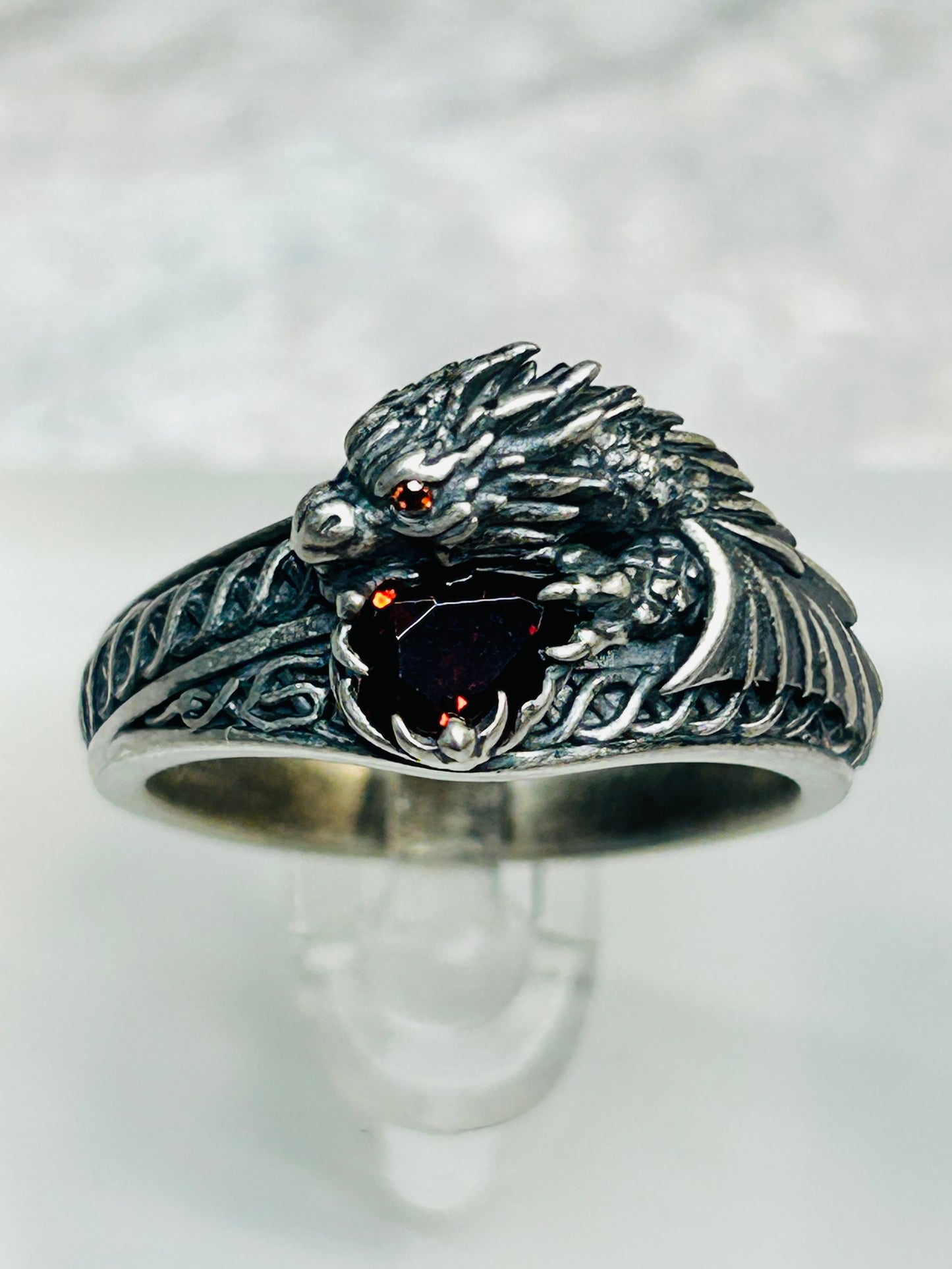 Celtic Dragon Ring with Garnet Red CZ • 925 Sterling Silver With Gift Box