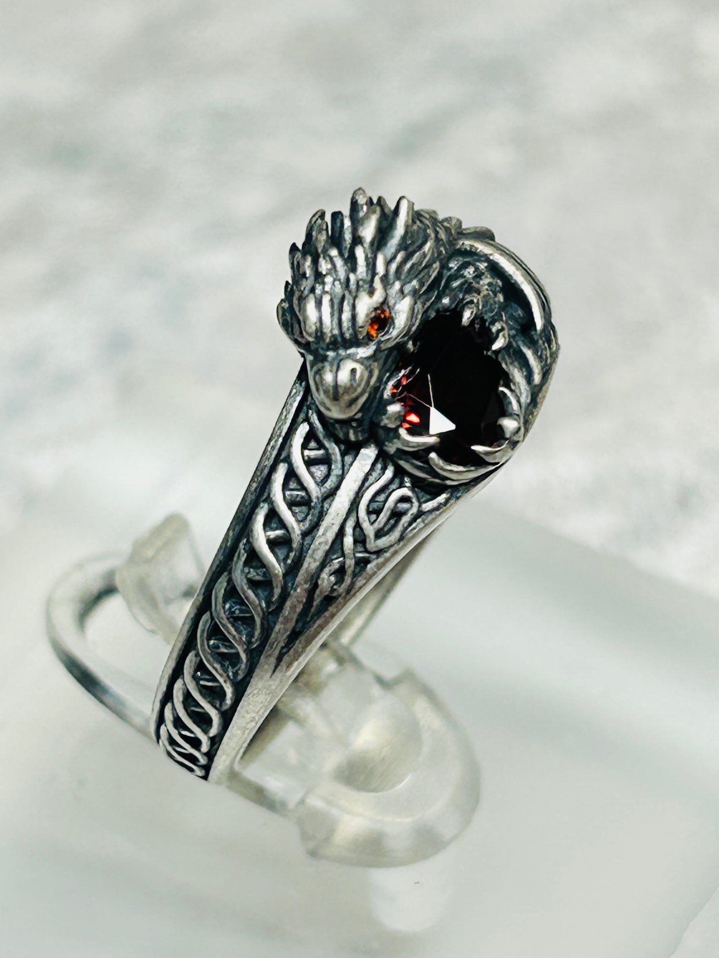 Celtic Dragon Ring with Garnet Red CZ • 925 Sterling Silver With Gift Box