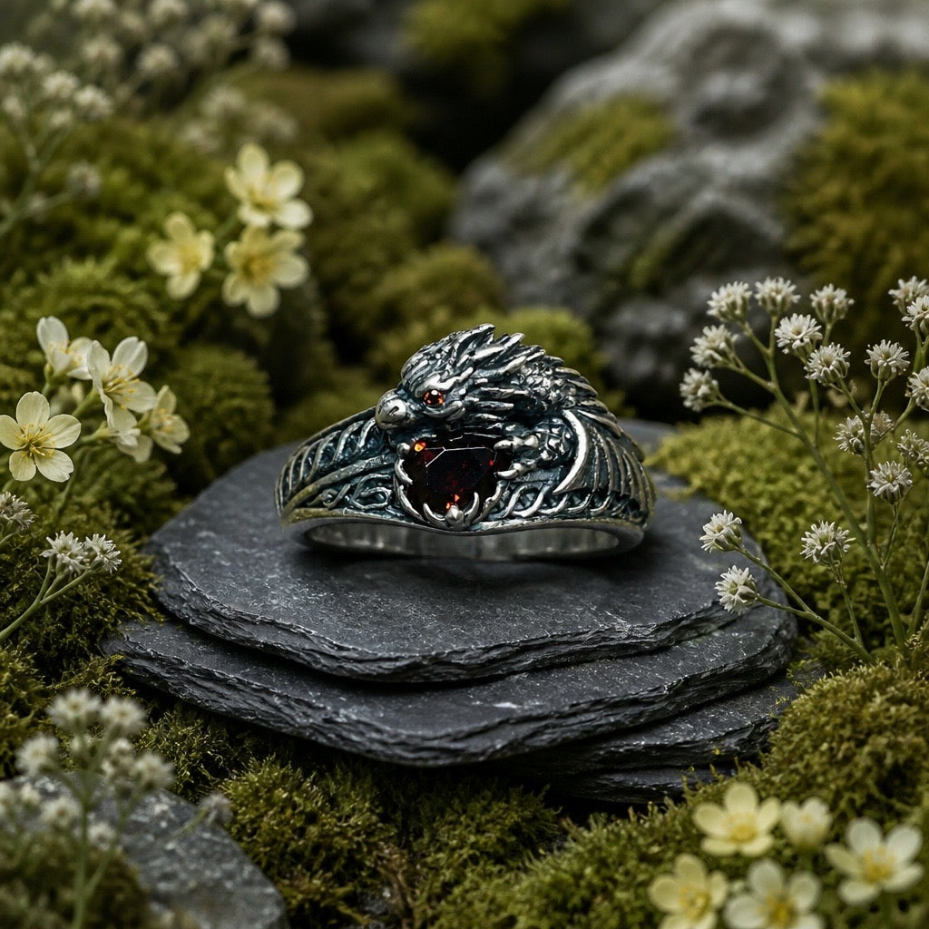 Celtic Dragon Ring with Garnet Red CZ • 925 Sterling Silver With Gift Box