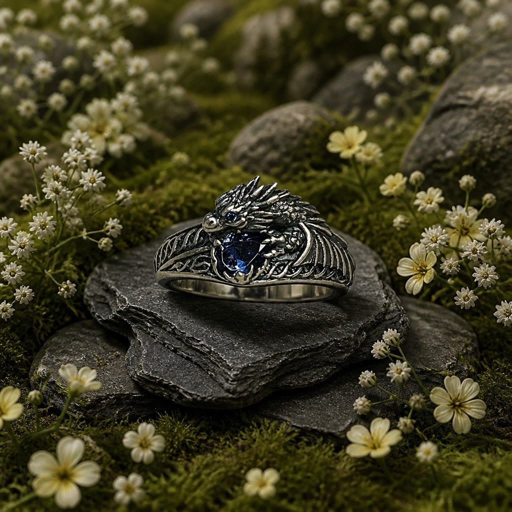 Celtic Dragon Ring with Tanzanite CZ • 925 Sterling Silver with Gift Box