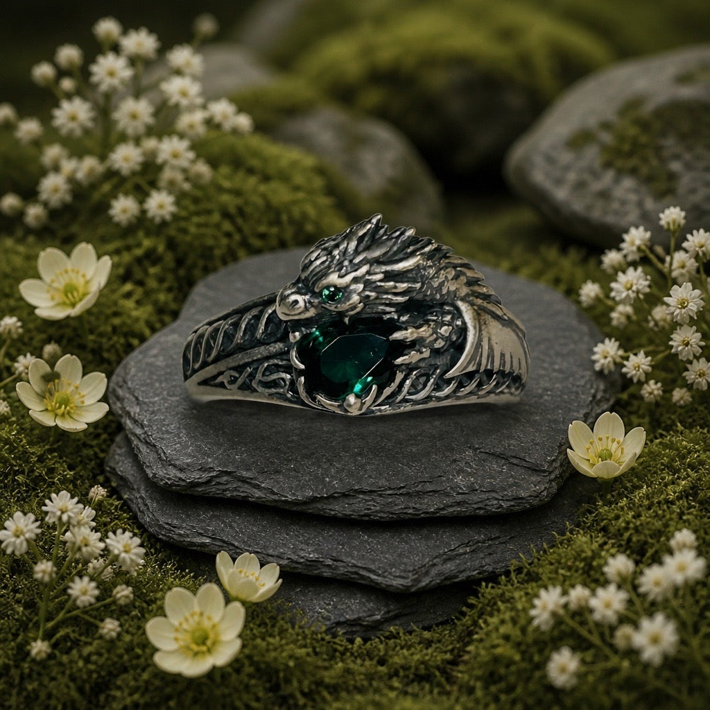 Celtic Dragon Ring with Emerald Green CZ • 925 Sterling Silver with Gift Box