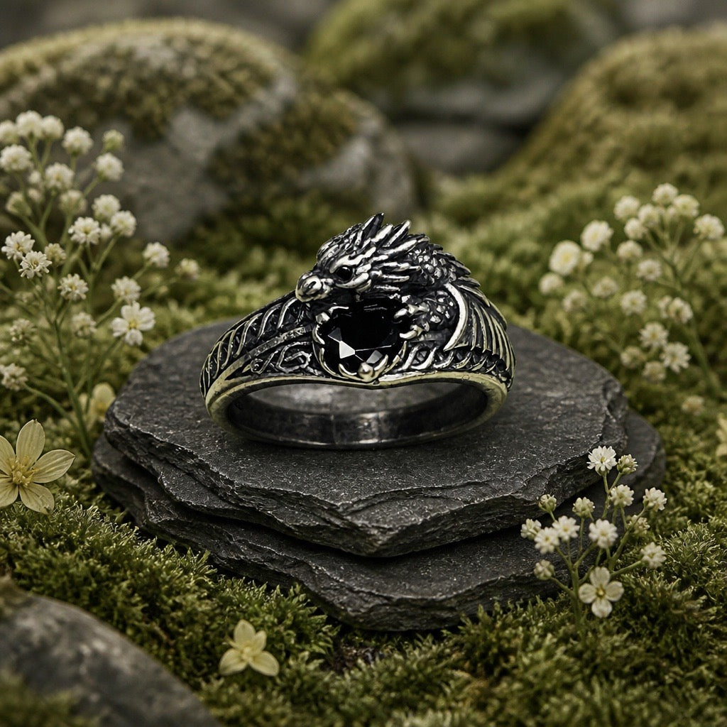 Celtic Dragon Ring with Jet Black CZ • 925 Sterling Silver with Gift Box