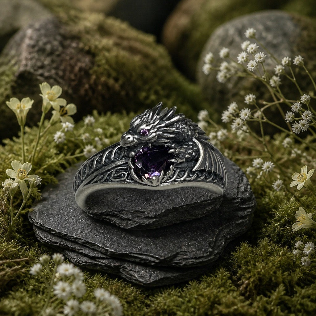 Celtic Dragon Ring with Dark Purple CZ • 925 Sterling Silver with Gift Box