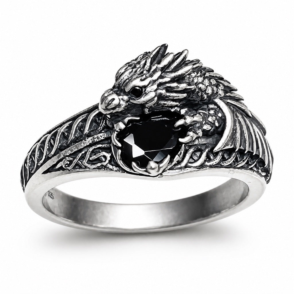Celtic Dragon Ring with Jet Black CZ • 925 Sterling Silver with Gift Box