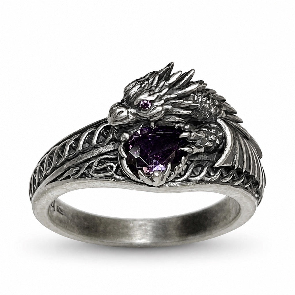 Celtic Dragon Ring with Dark Purple CZ • 925 Sterling Silver with Gift Box