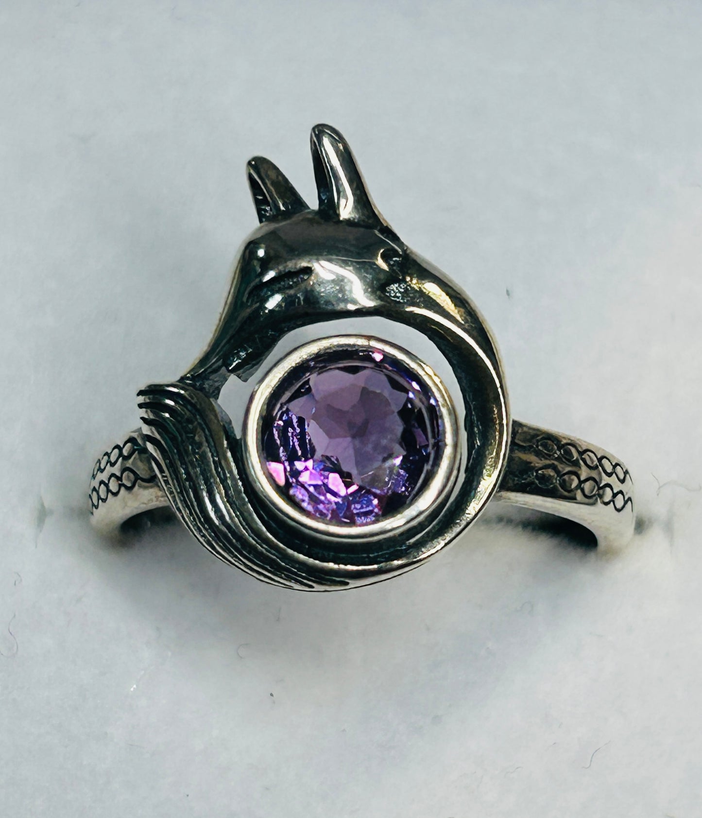 Fox Ring with Amethyst Set in 925 Sterling Silver - Adjustable Animal Jewellery Celtic Dragon Jewellery