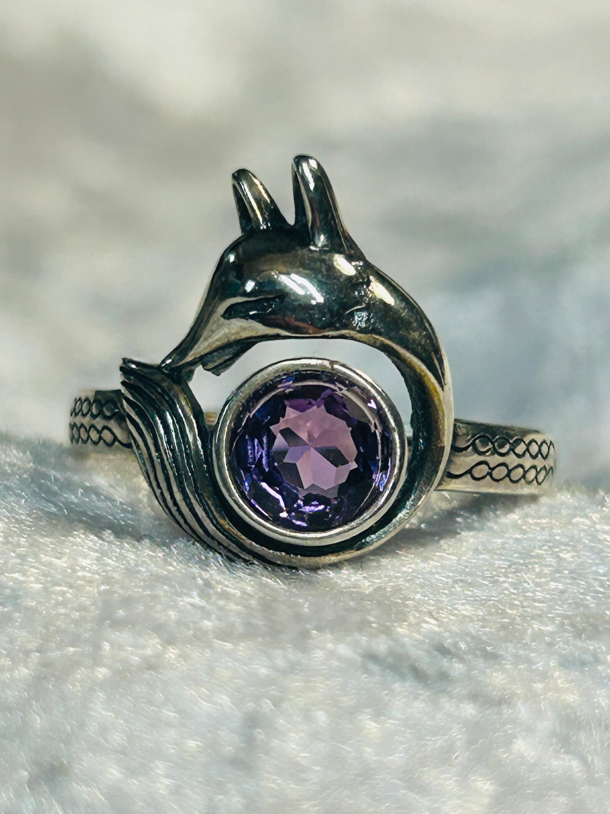 Fox Ring with Amethyst Set in 925 Sterling Silver - Adjustable Animal Jewellery Celtic Dragon Jewellery