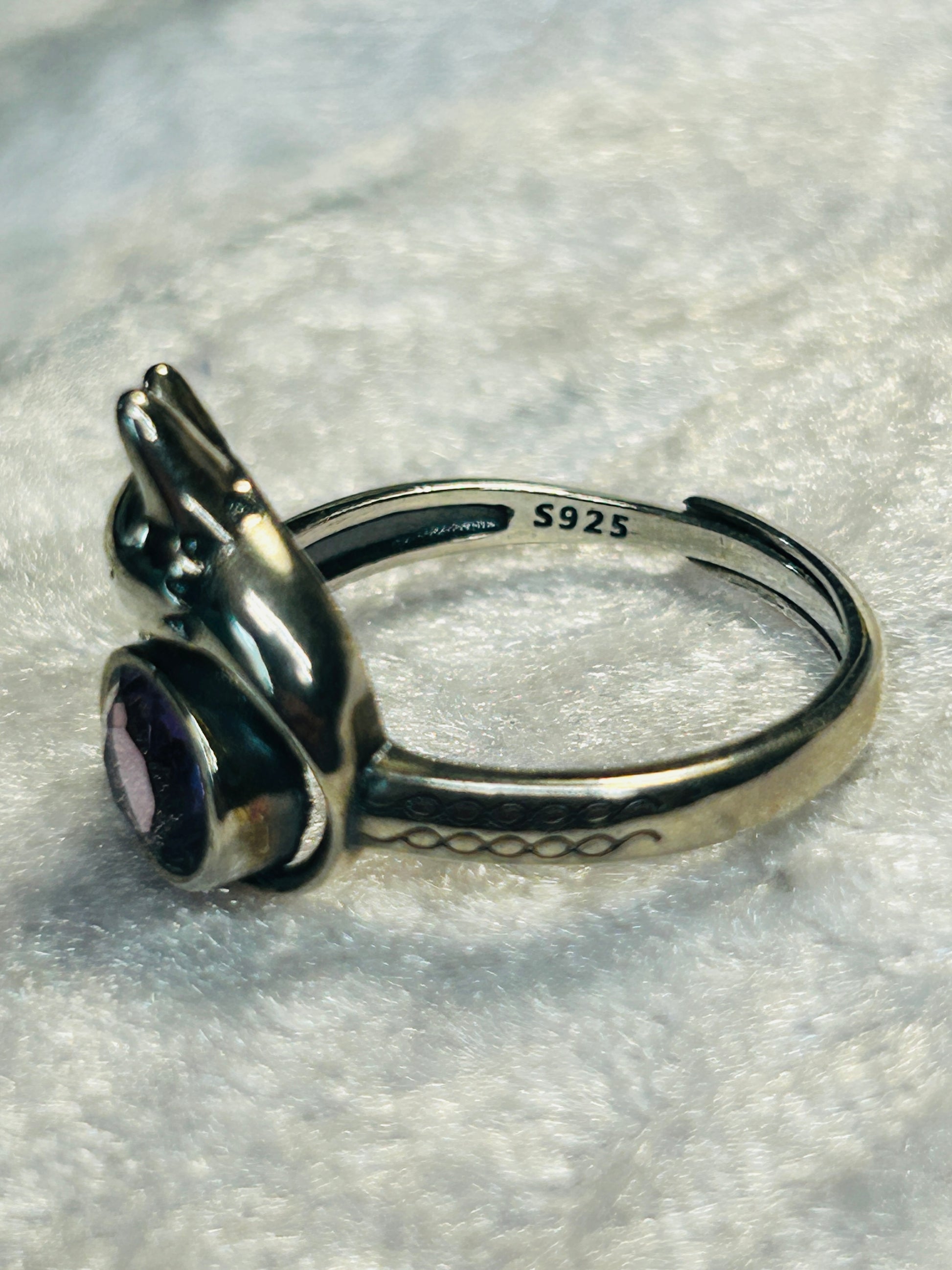 Fox Ring with Amethyst Set in 925 Sterling Silver - Adjustable Animal Jewellery Celtic Dragon Jewellery