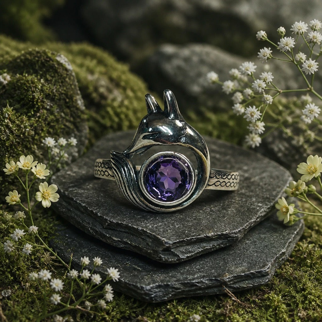 Fox Ring with Amethyst Set in 925 Sterling Silver - Adjustable Animal Jewellery Celtic Dragon Jewellery