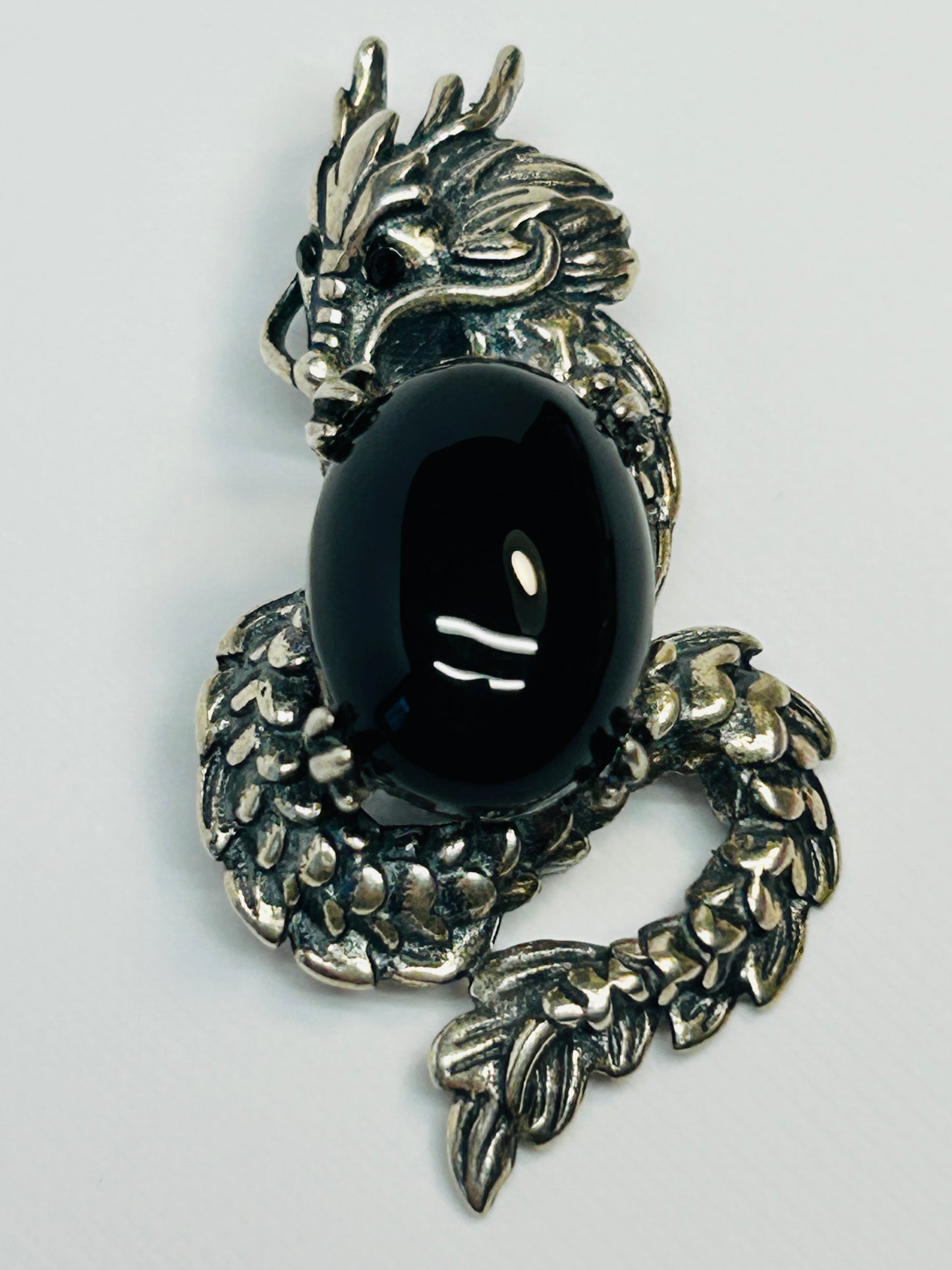 Dragon Pendant with Obsidian in 925 Sterling Silver - Aged Dark Fantasy Mythical Creature Amulet Celtic Dragon Jewellery
