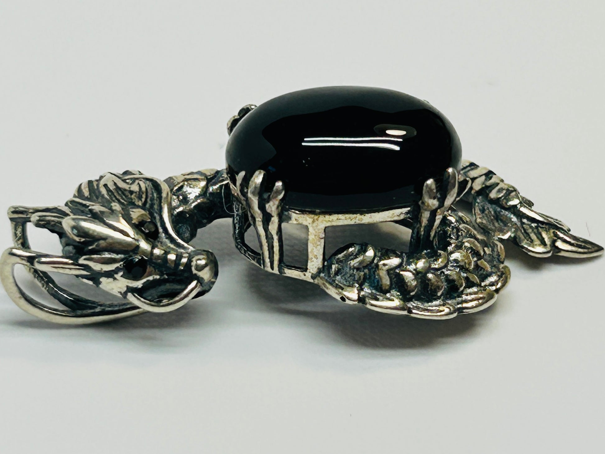 Dragon Pendant with Obsidian in 925 Sterling Silver - Aged Dark Fantasy Mythical Creature Amulet Celtic Dragon Jewellery