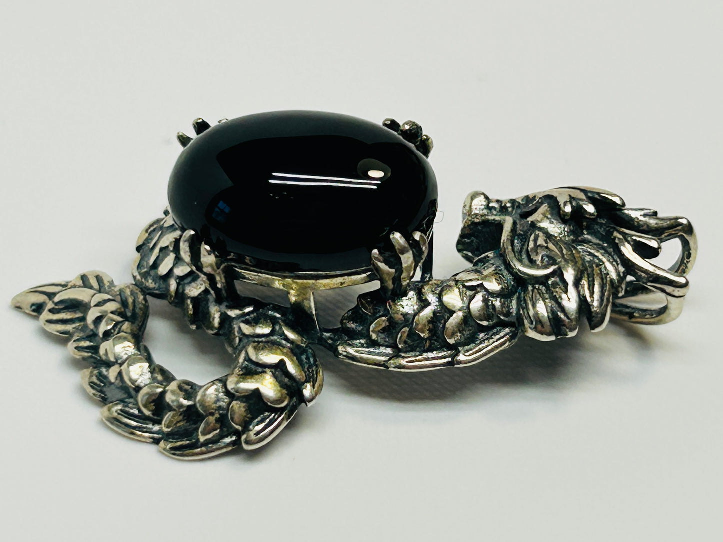 Dragon Pendant with Obsidian in 925 Sterling Silver - Aged Dark Fantasy Mythical Creature Amulet Celtic Dragon Jewellery