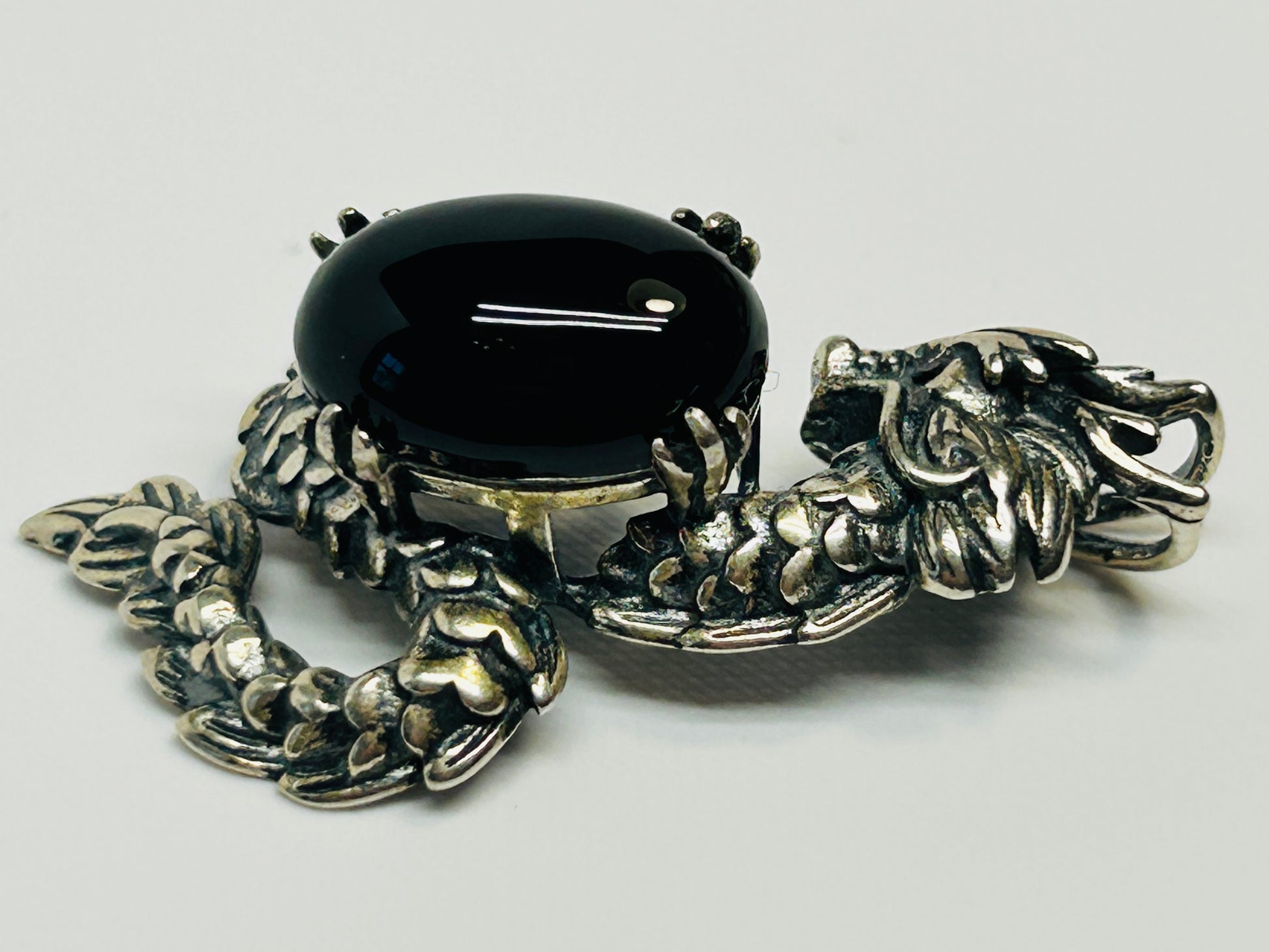 Dragon Pendant with Obsidian in 925 Sterling Silver - Aged Dark Fantasy Mythical Creature Amulet Celtic Dragon Jewellery