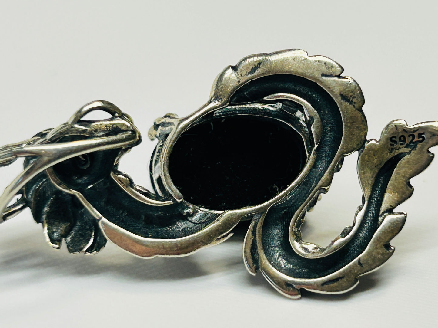 Dragon Pendant with Obsidian in 925 Sterling Silver - Aged Dark Fantasy Mythical Creature Amulet Celtic Dragon Jewellery