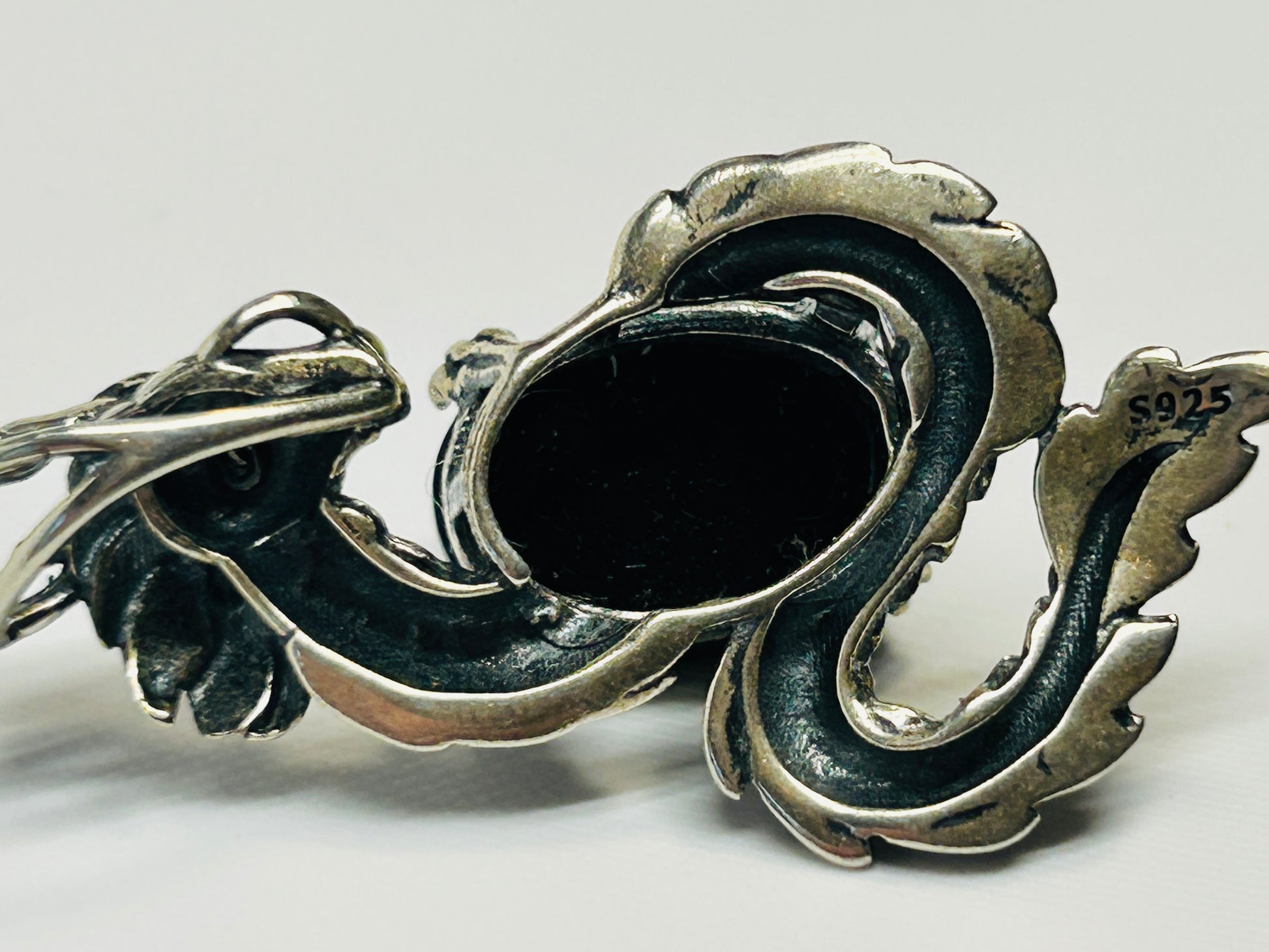 Dragon Pendant with Obsidian in 925 Sterling Silver - Aged Dark Fantasy Mythical Creature Amulet Celtic Dragon Jewellery