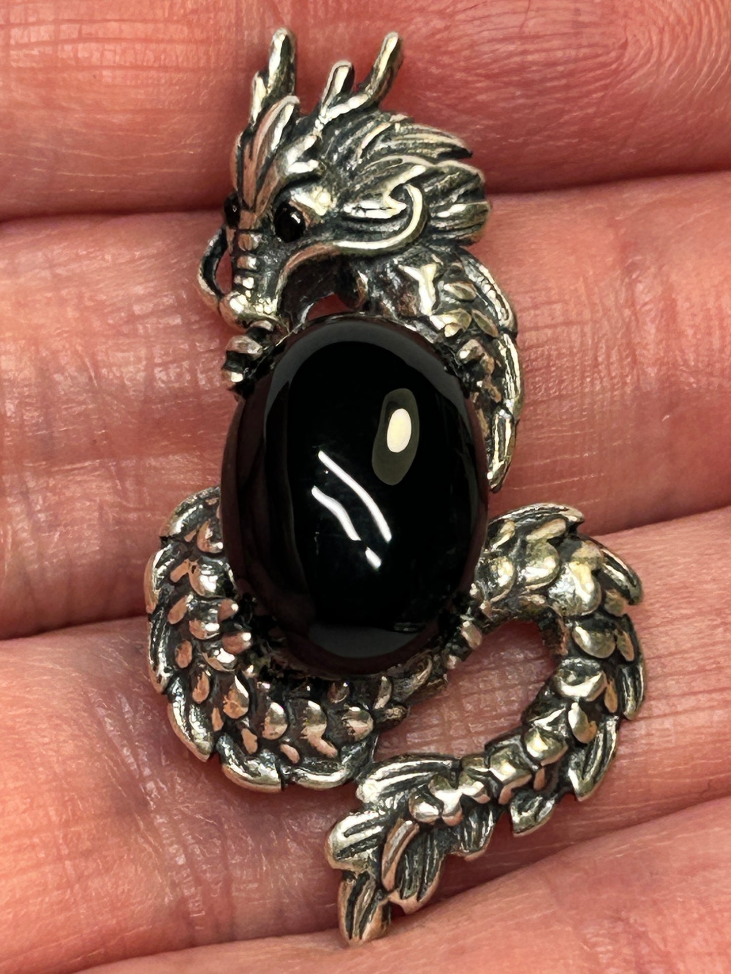 Dragon Pendant with Obsidian in 925 Sterling Silver - Aged Dark Fantasy Mythical Creature Amulet Celtic Dragon Jewellery