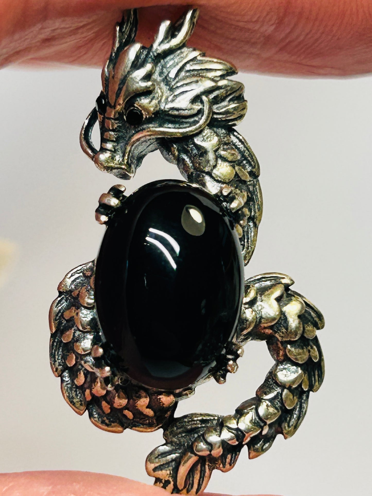 Dragon Pendant with Obsidian in 925 Sterling Silver - Aged Dark Fantasy Mythical Creature Amulet Celtic Dragon Jewellery