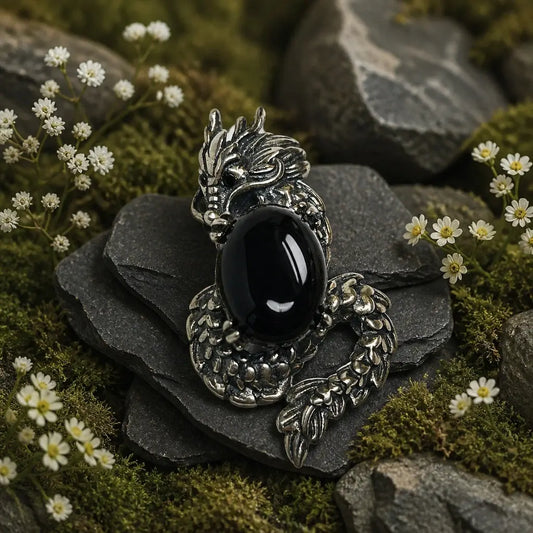 Sterling silver dragon pendant with black obsidian gemstone