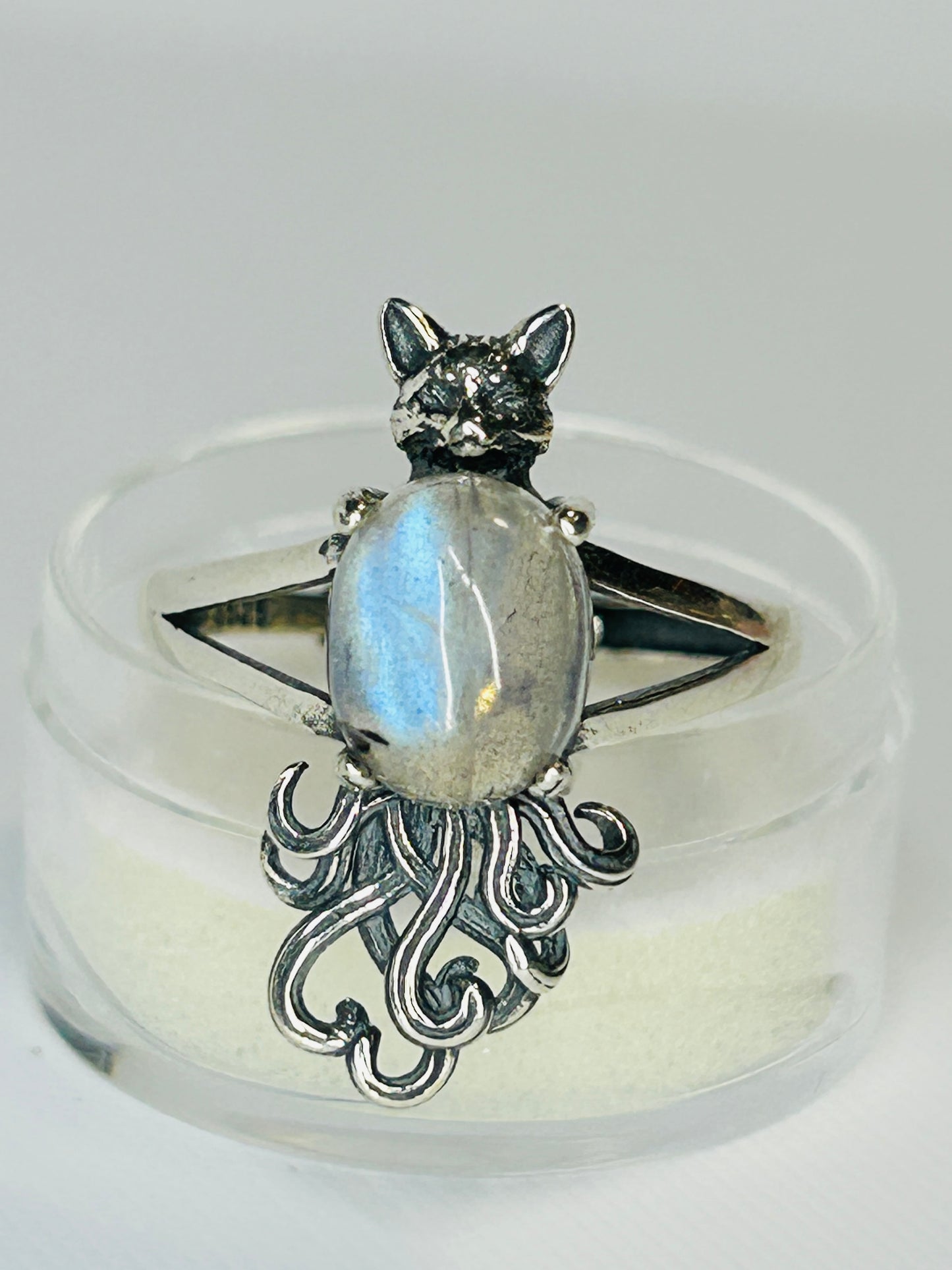 Nine-Tailed Fox Ring with Labradorite - Adjustable 925 Sterling Silver Kitsune Fantasy Jewellery