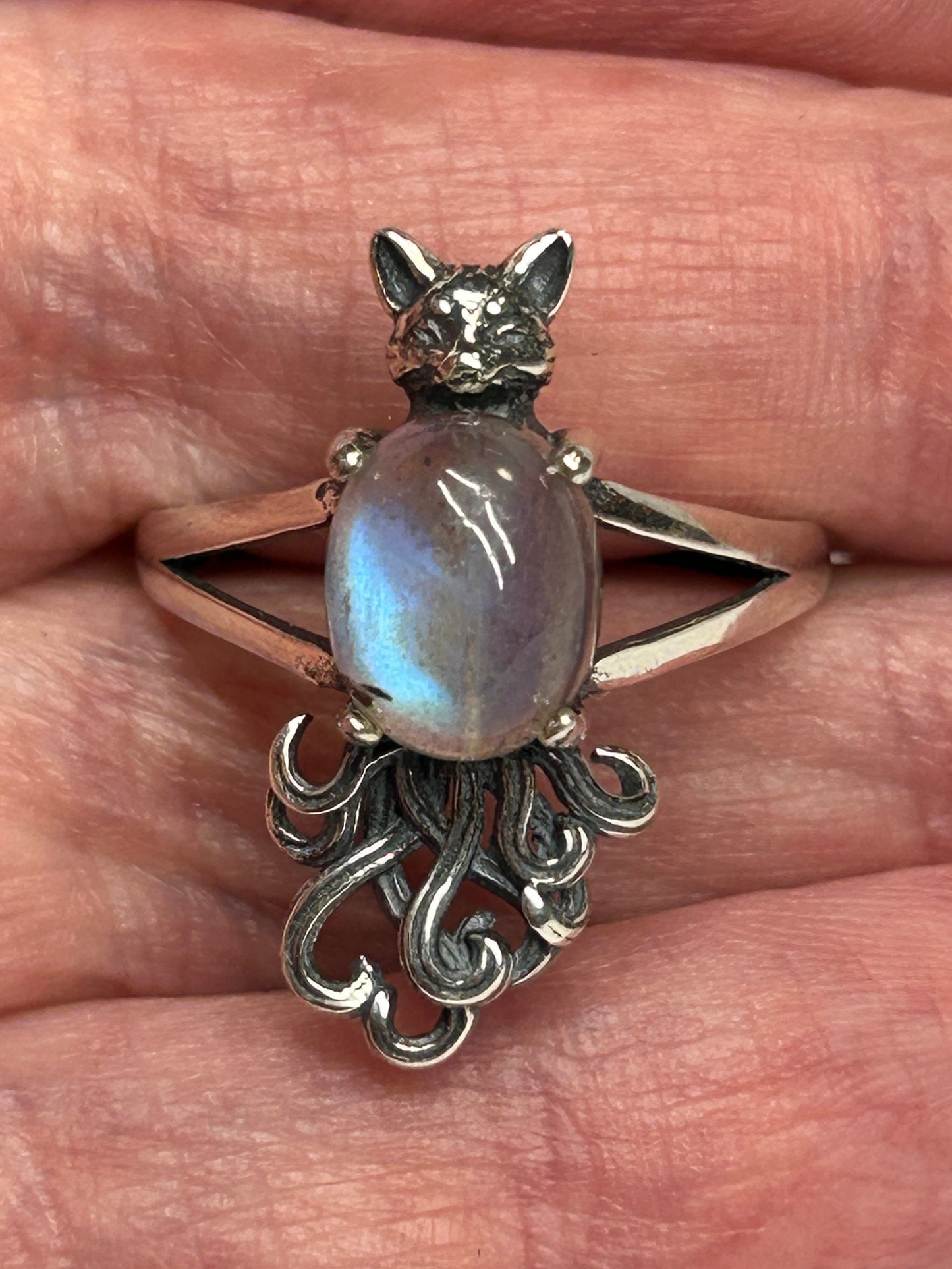 Nine-Tailed Fox Ring with Labradorite - Adjustable 925 Sterling Silver Kitsune Fantasy Jewellery