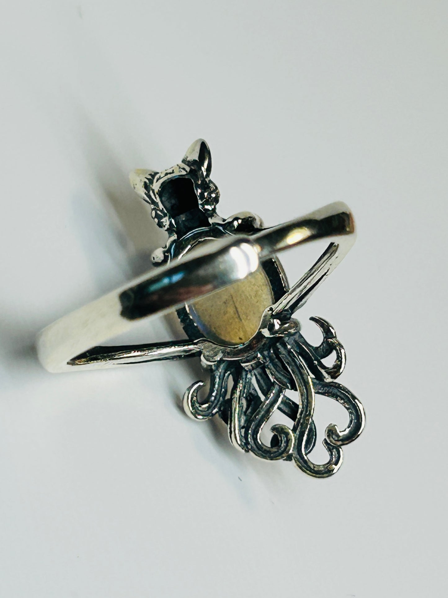 Nine-Tailed Fox Ring with Labradorite - Adjustable 925 Sterling Silver Kitsune Fantasy Jewellery