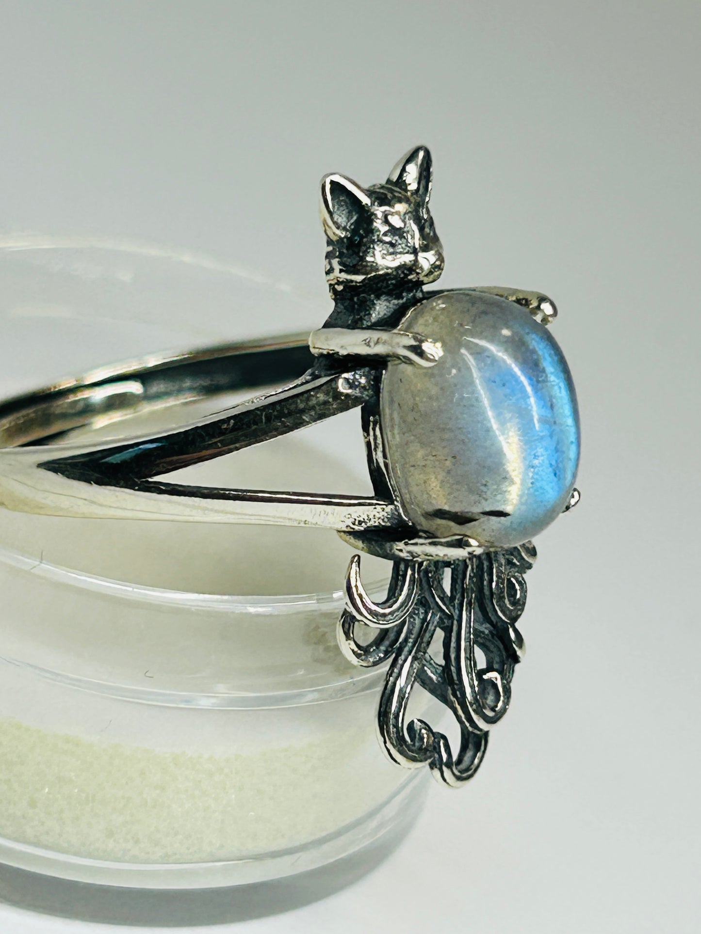 Nine-Tailed Fox Ring with Labradorite - Adjustable 925 Sterling Silver Kitsune Fantasy Jewellery