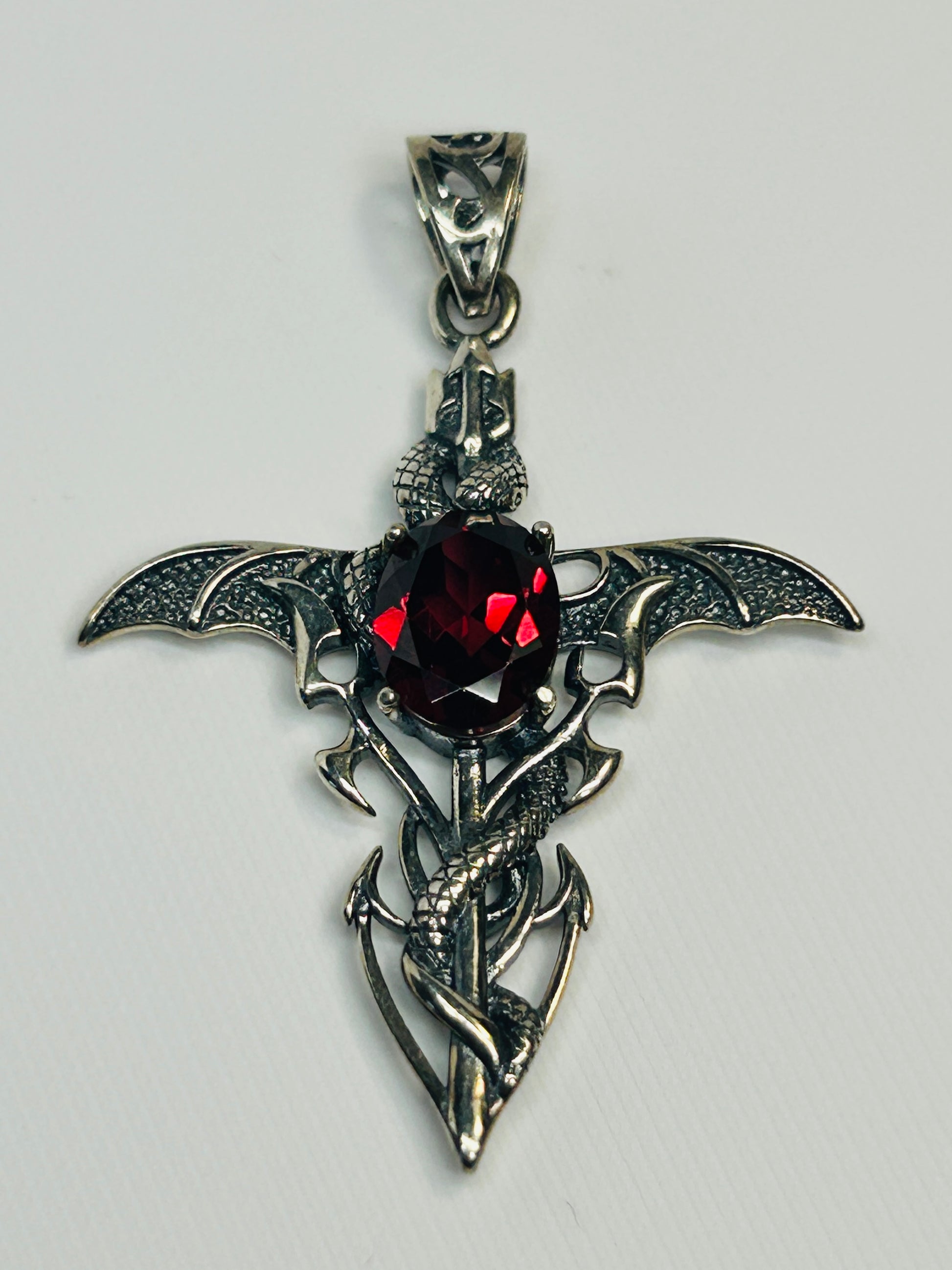 Dragon Cross Pendant with Garnet - 925 Sterling Silver - Gothic Fantasy Necklace Celtic Dragon Jewellery