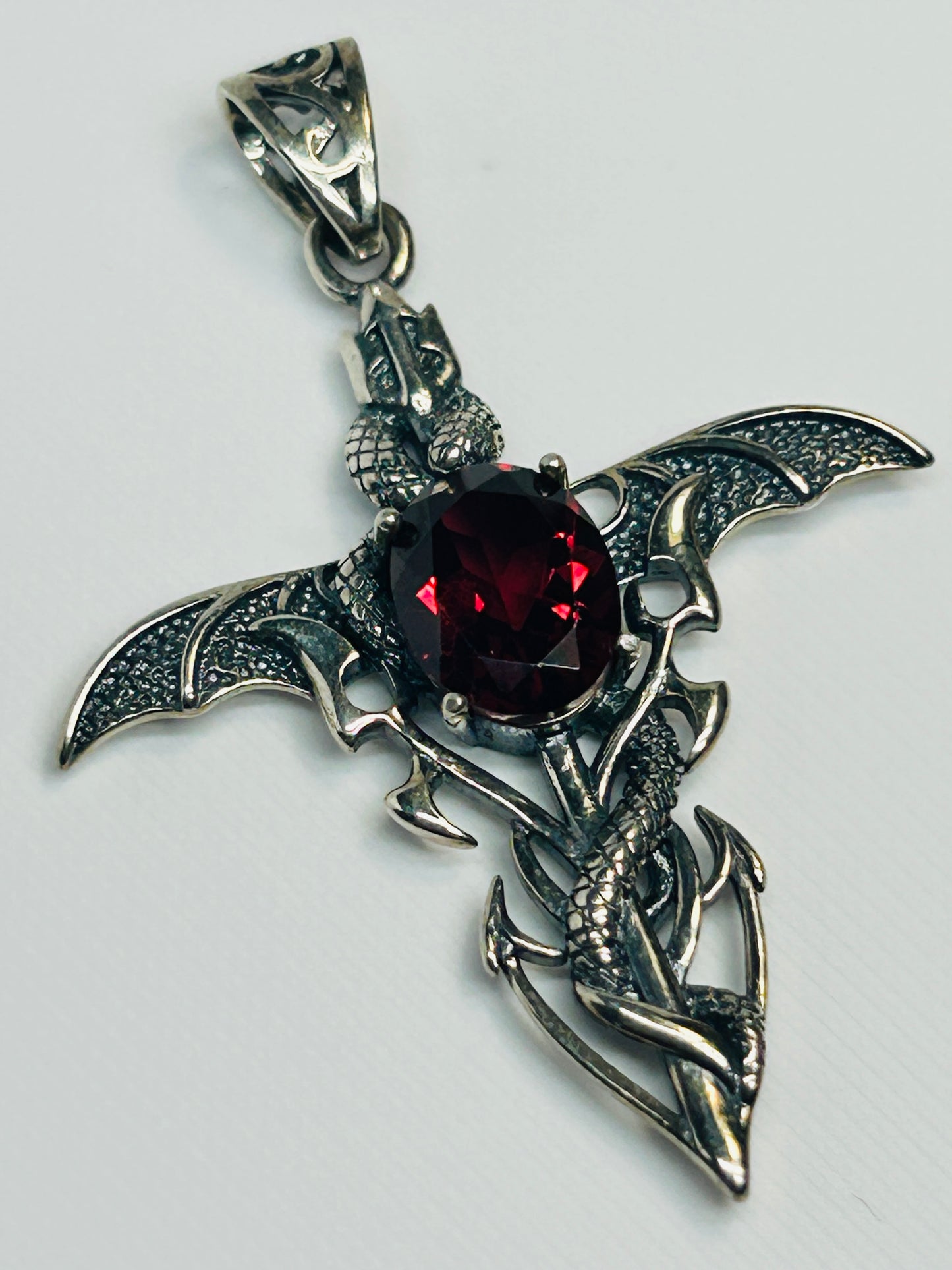 Dragon Cross Pendant with Garnet - 925 Sterling Silver - Gothic Fantasy Necklace Celtic Dragon Jewellery