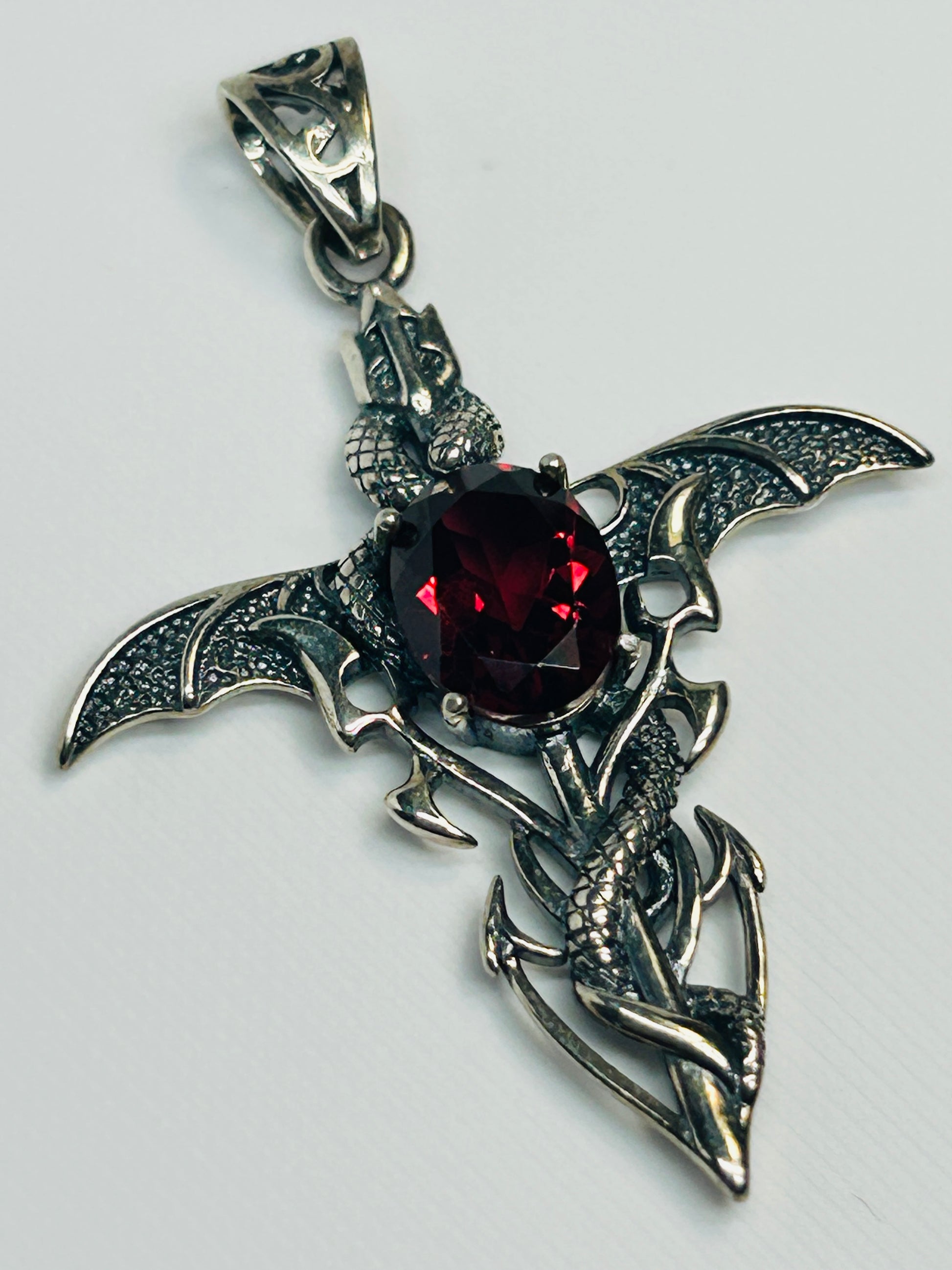 Dragon Cross Pendant with Garnet - 925 Sterling Silver - Gothic Fantasy Necklace Celtic Dragon Jewellery