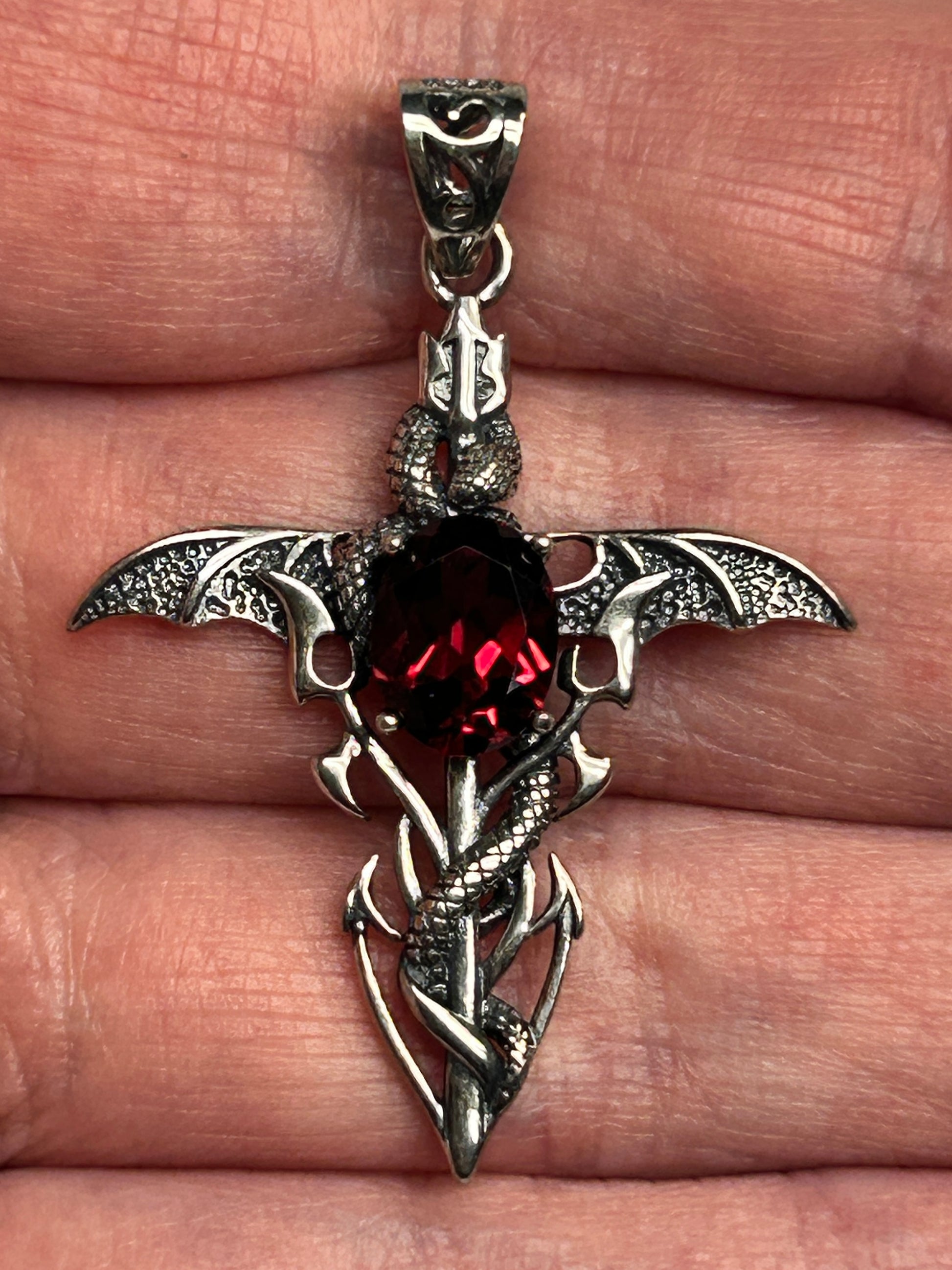 Dragon Cross Pendant with Garnet - 925 Sterling Silver - Gothic Fantasy Necklace Celtic Dragon Jewellery