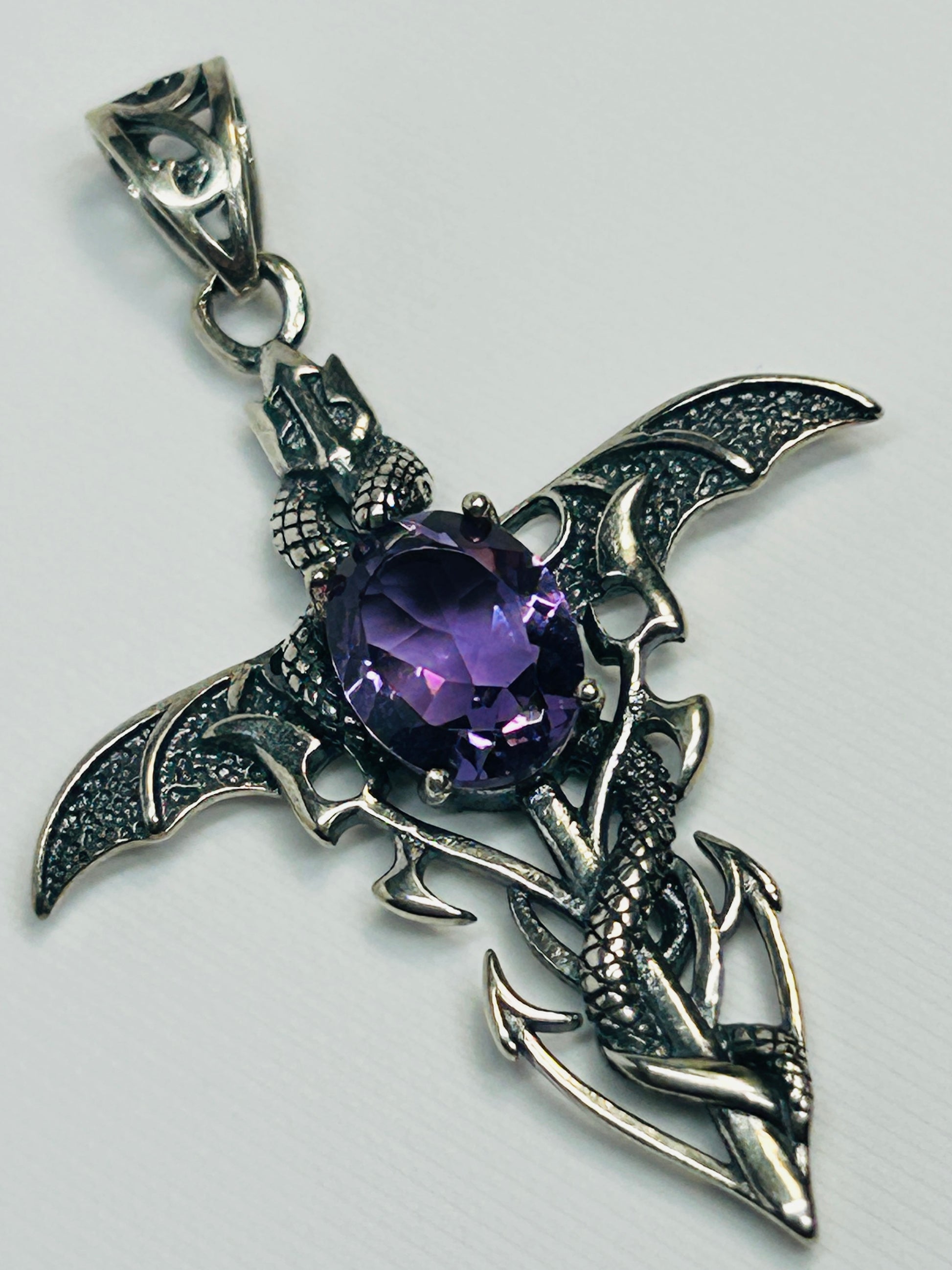 Dragon Cross Pendant with Amethyst - 925 Sterling Silver - Gothic Fantasy Necklace Celtic Dragon Jewellery