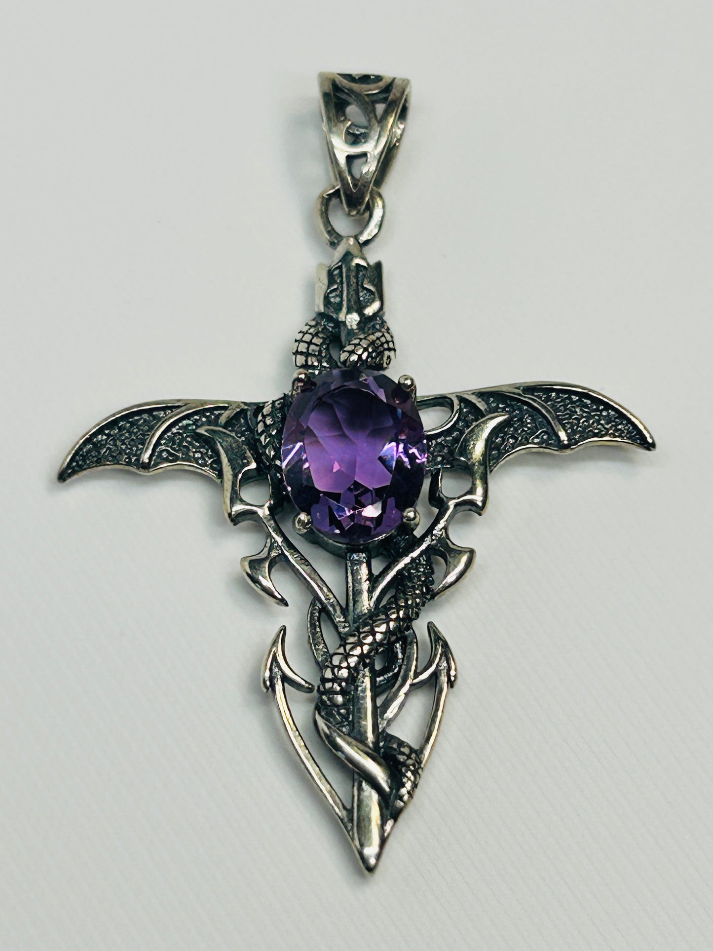 Dragon Cross Pendant with Amethyst - 925 Sterling Silver - Gothic Fantasy Necklace Celtic Dragon Jewellery