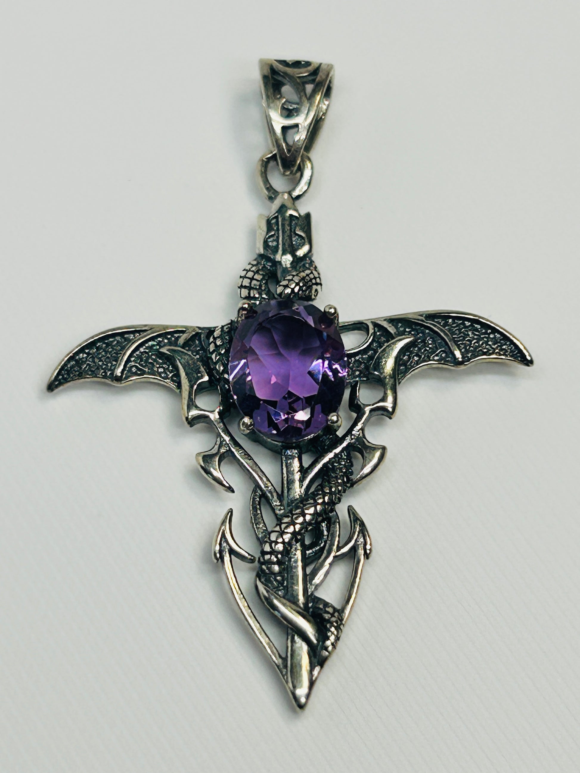 Dragon Cross Pendant with Amethyst - 925 Sterling Silver - Gothic Fantasy Necklace Celtic Dragon Jewellery