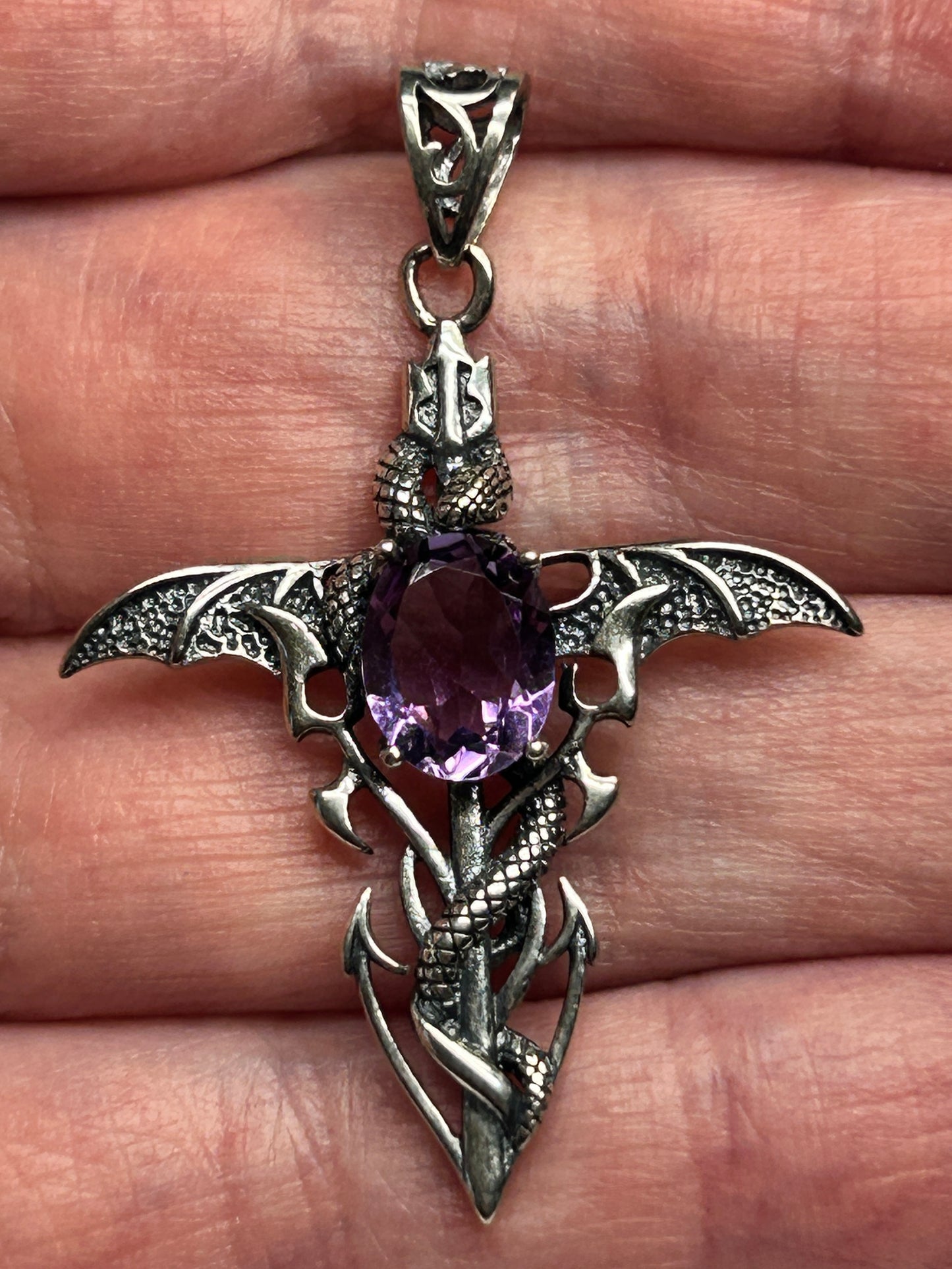 Dragon Cross Pendant with Amethyst - 925 Sterling Silver - Gothic Fantasy Necklace Celtic Dragon Jewellery