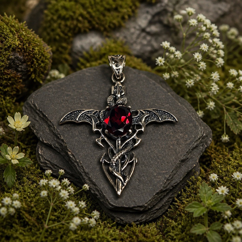 Dragon Cross Pendant with Garnet - 925 Sterling Silver - Gothic Fantasy Necklace Celtic Dragon Jewellery