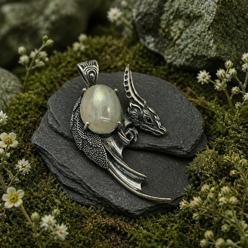 Dragon Pendant with Labradorite - 925 Sterling Silver - Fantasy Gothic Jewellery Celtic Dragon Jewellery