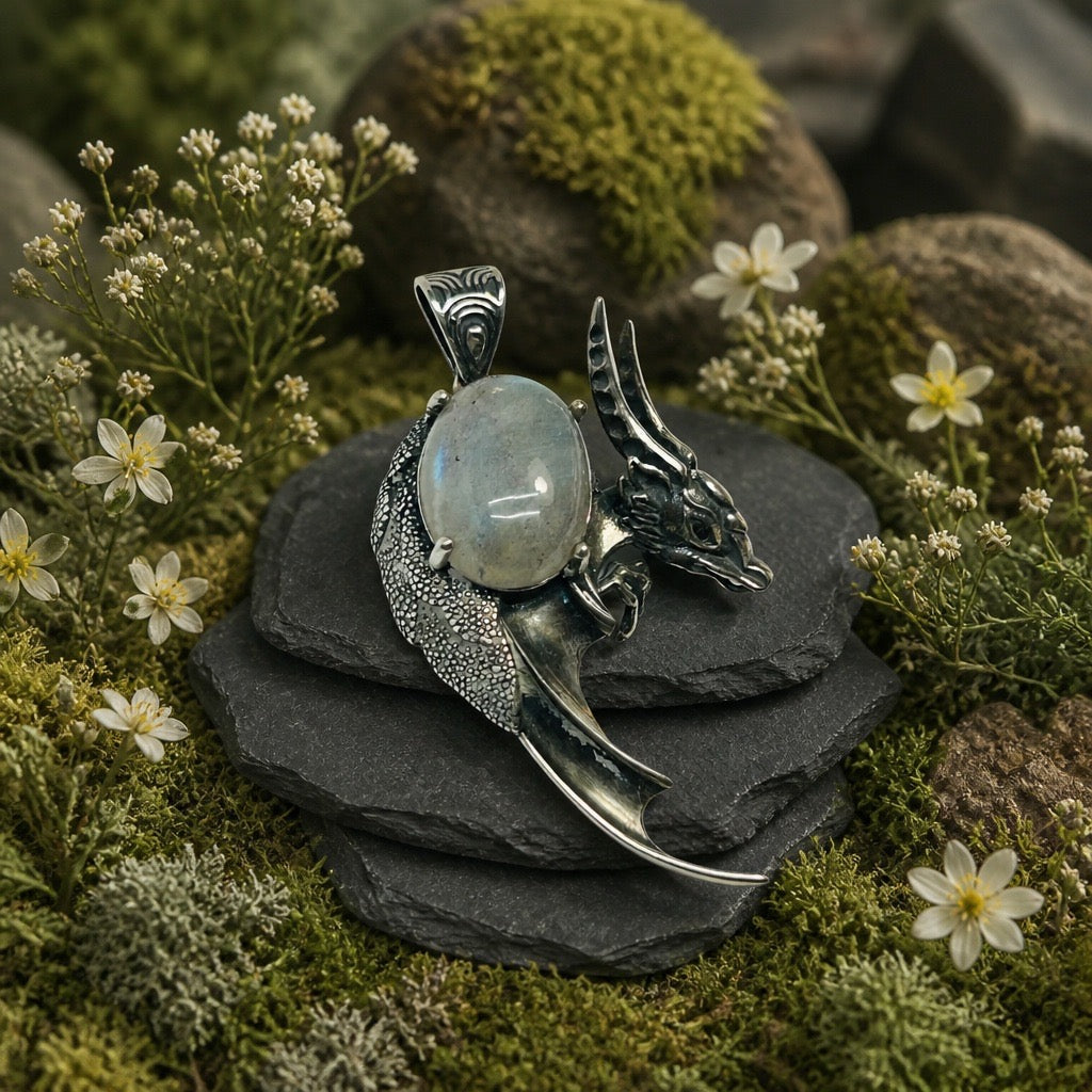 Dragon Pendant with Labradorite - 925 Sterling Silver - Fantasy Gothic Jewellery Celtic Dragon Jewellery