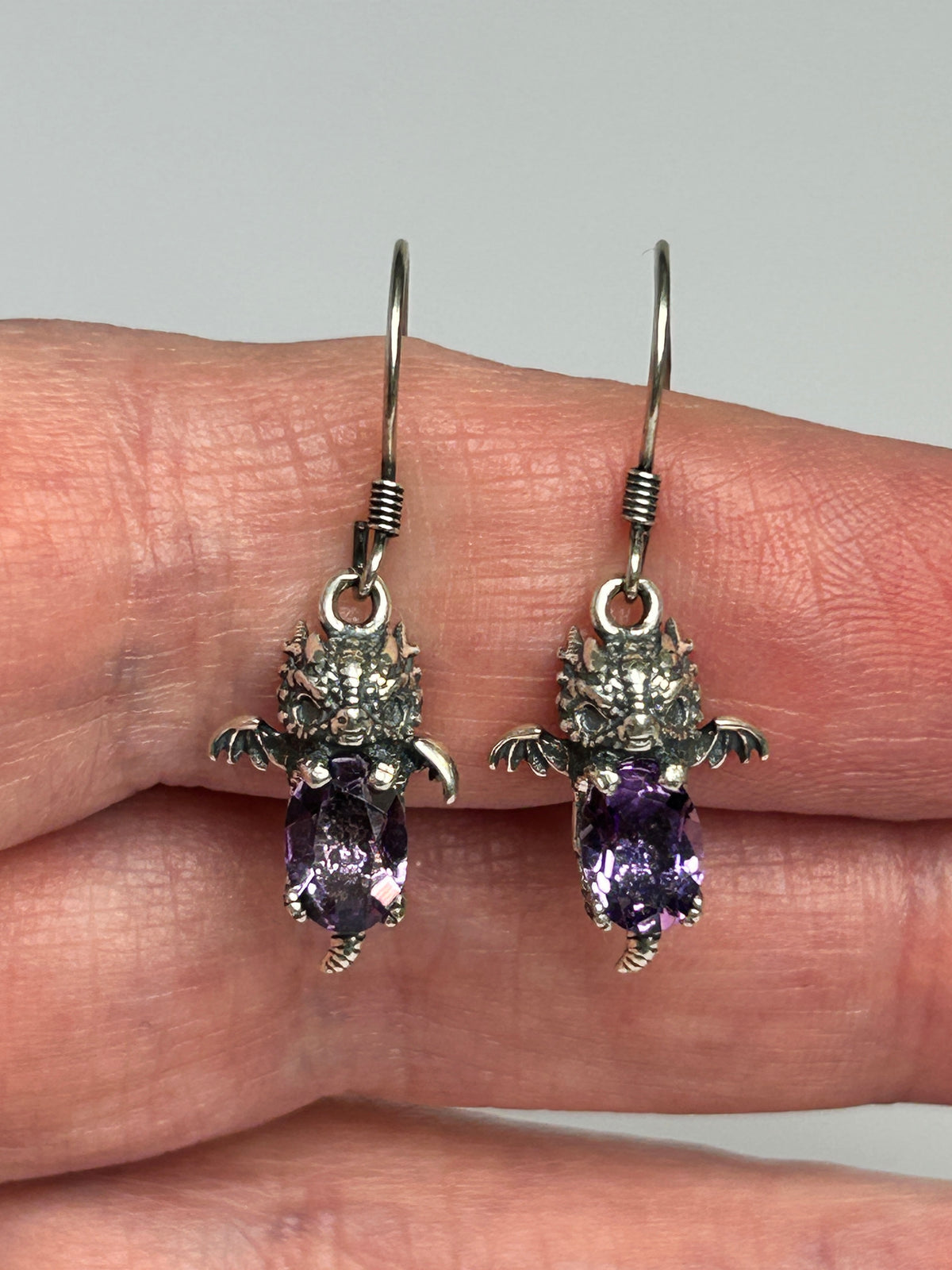 925 Sterling Silver Baby Dragon Drop Earrings with Natural Amethyst