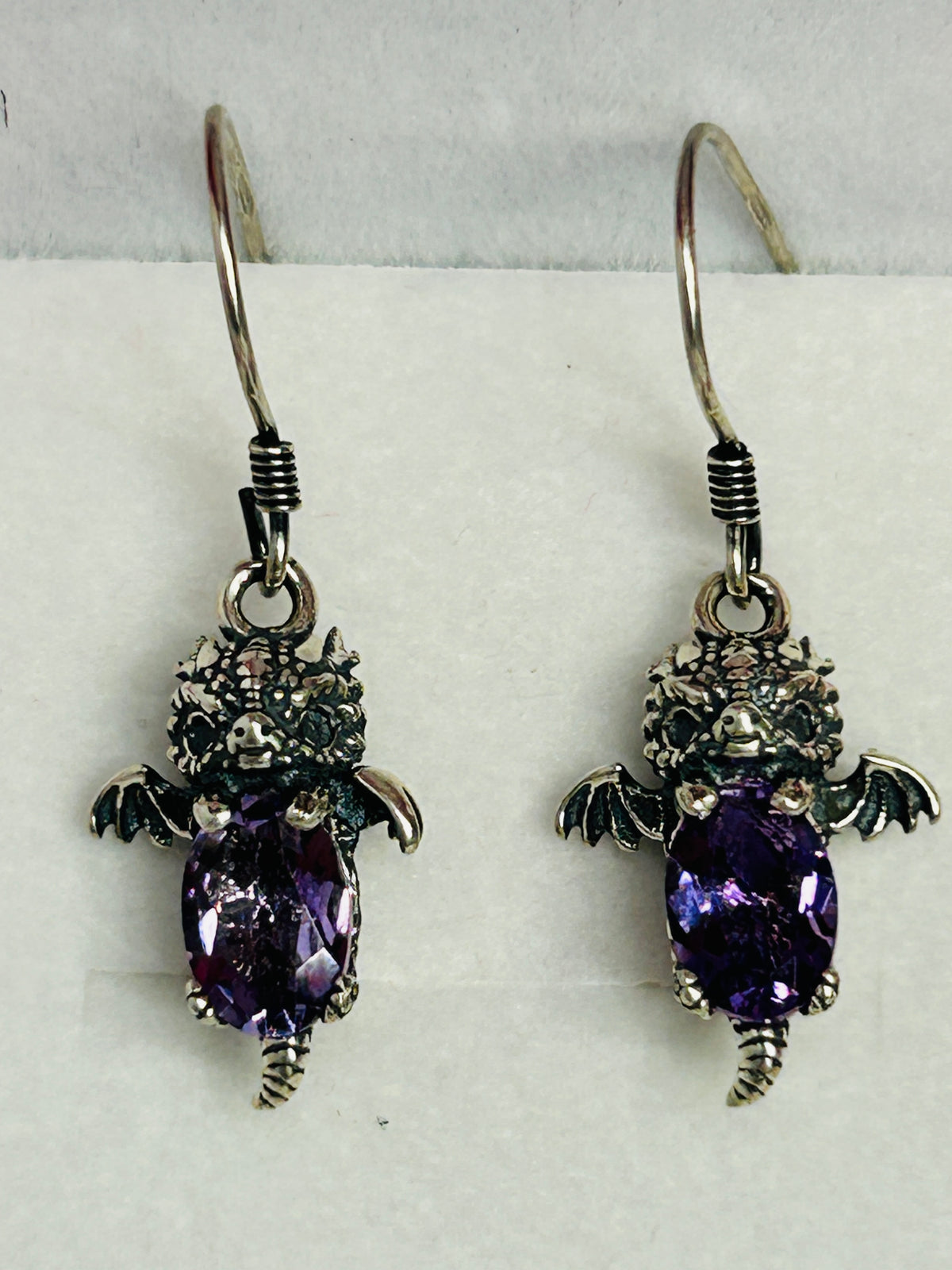 925 Sterling Silver Baby Dragon Drop Earrings with Natural Amethyst