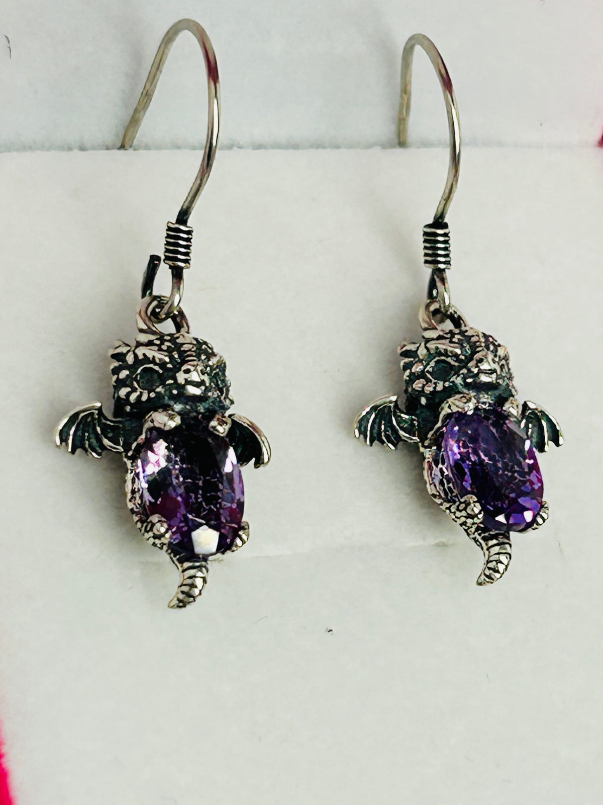925 Sterling Silver Baby Dragon Drop Earrings with Natural Amethyst