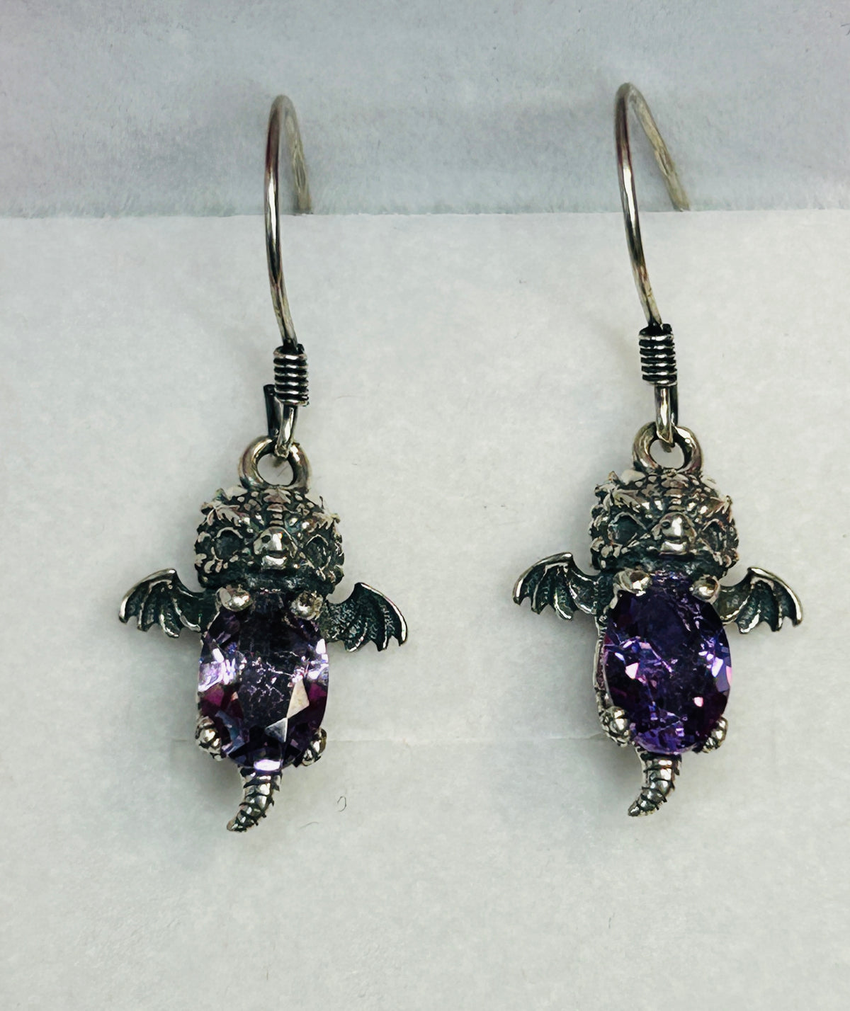 925 Sterling Silver Baby Dragon Drop Earrings with Natural Amethyst