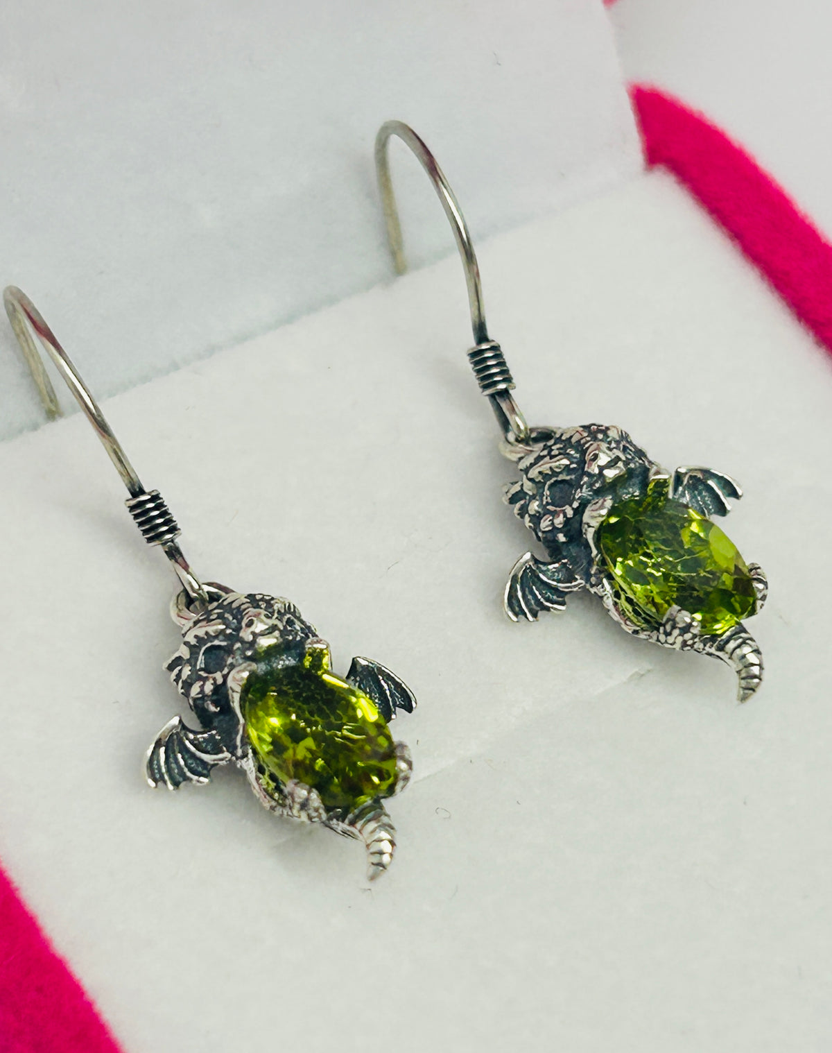 925 Sterling Silver Baby Dragon Drop Earrings with Natural Peridot
