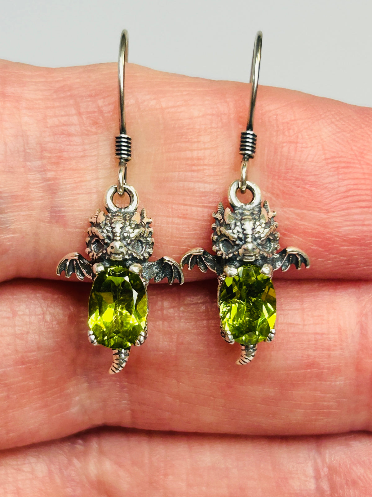 925 Sterling Silver Baby Dragon Drop Earrings with Natural Peridot