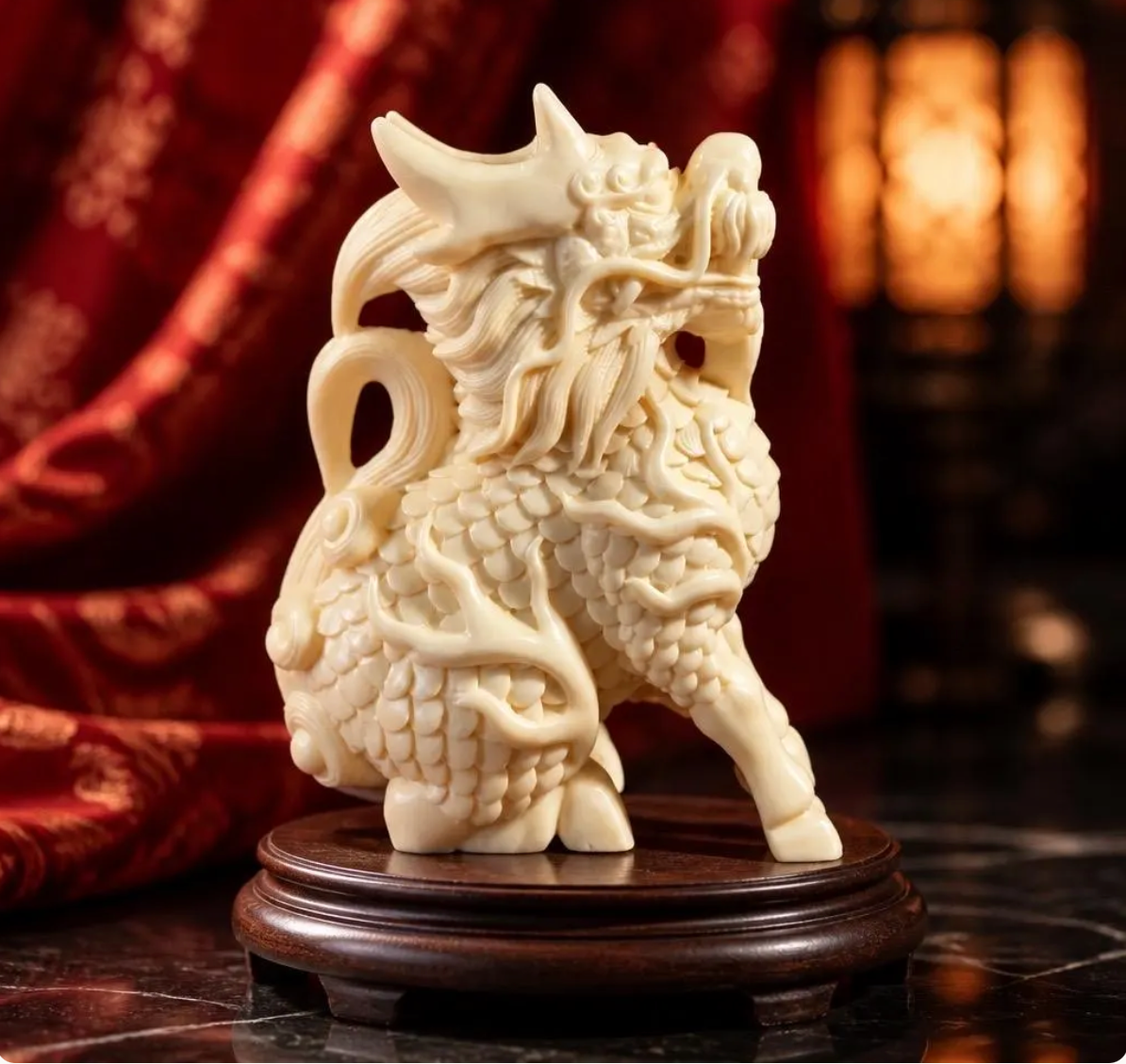 5 inch cream-coloured Chinese dragon figurine made from ivory nut composite, featuring detailed scales and traditional dragon design.