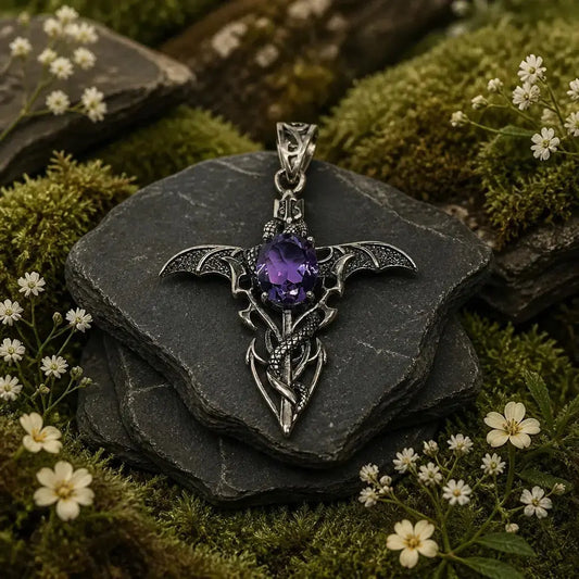 Dragon Cross Pendant with Amethyst - 925 Sterling Silver Gothic Necklace Celtic Dragon Jewellery