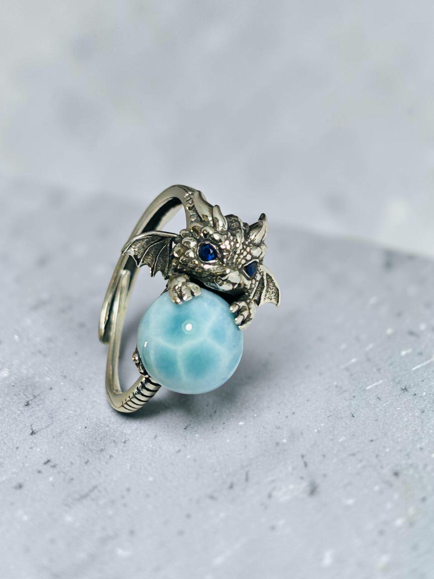 Baby Dragon Ring with Larimar Gemstone • 925 Sterling Silver • Adjustable • Gift box
